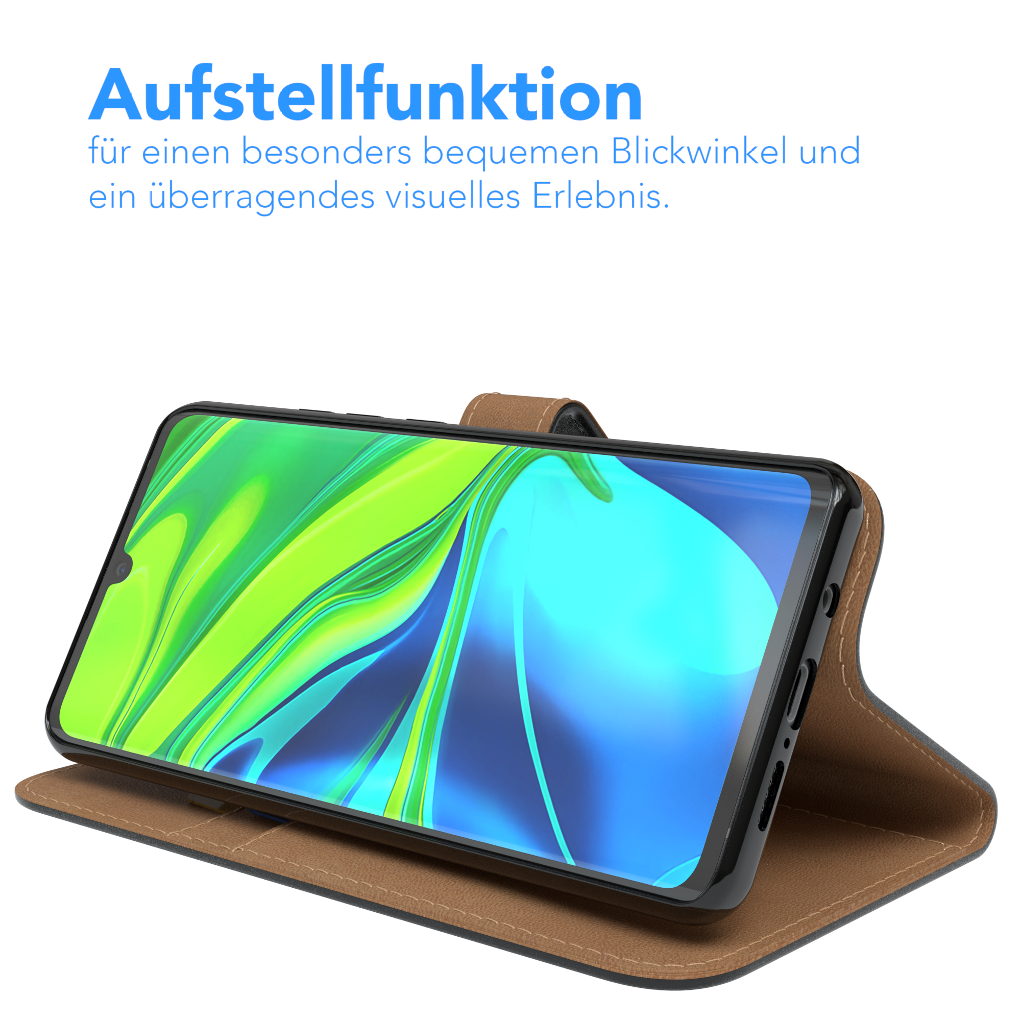 Telefon in brauner Hülle in Aufstellposition. Text: Aufstellfunktion für einen bequemen Blickwinkel.