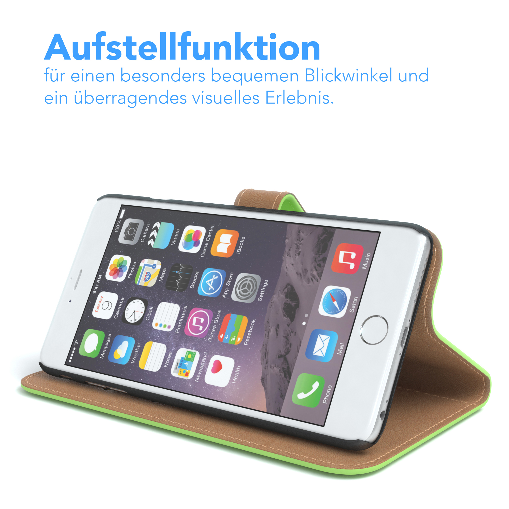Weißes Telefon in einer Hülle mit grünem Rand. Text: 'Aufstellfunktion'.