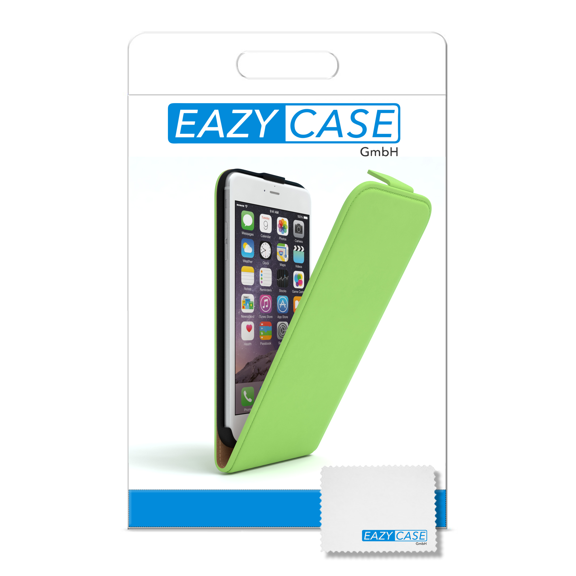 Ein Telefon in einer grünen Hülle, in einer Verpackung. Der Bildschirm des Telefons ist sichtbar. EAZY CASE-Logo.