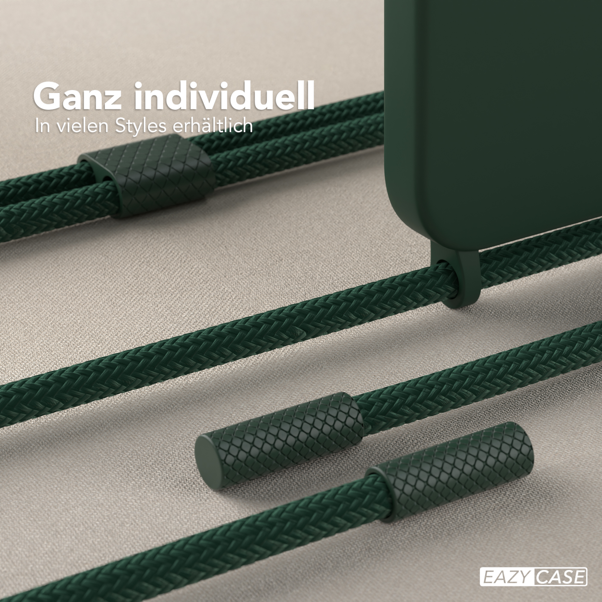 Nahaufnahme einer grünen Handyhülle und eines Schlüsselbands mit strukturiertem Design.