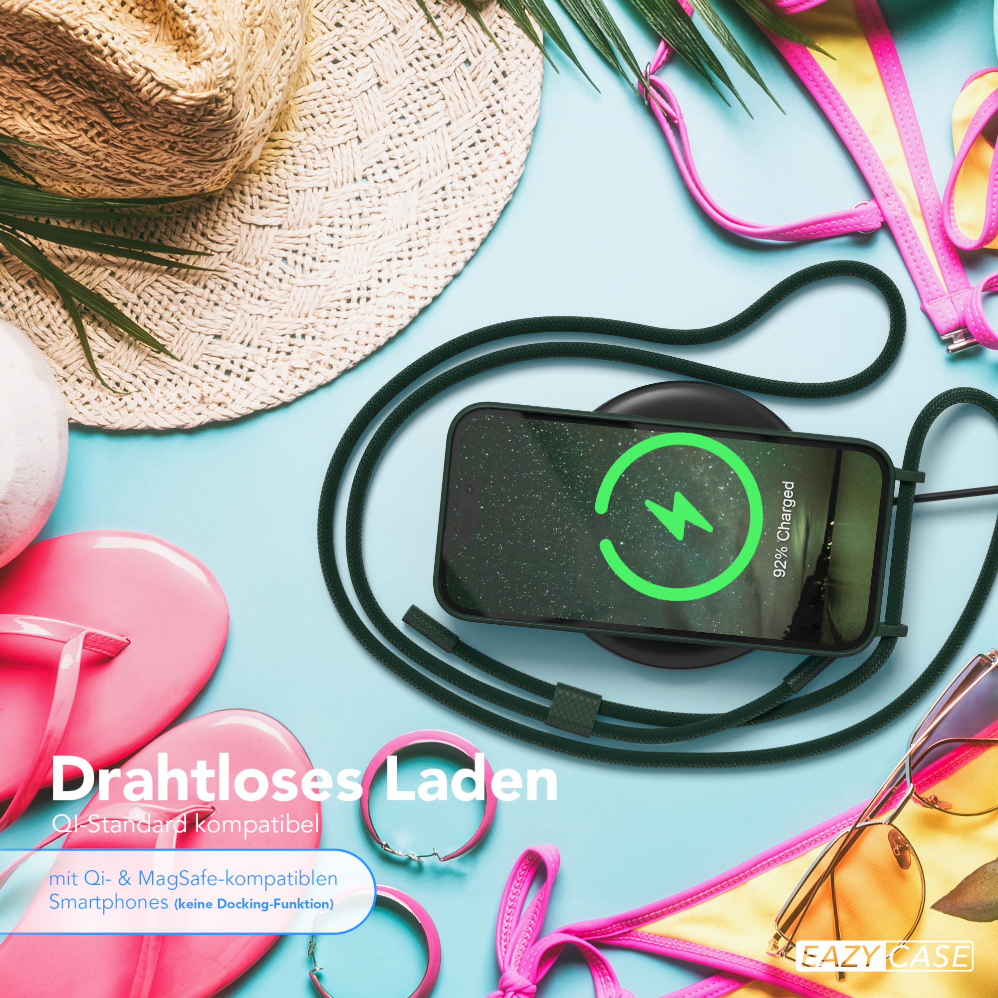 Ein Telefon, das auf einem kabellosen Ladegerät geladen wird, plus Sonnenbrille, Hut und Bikini.
