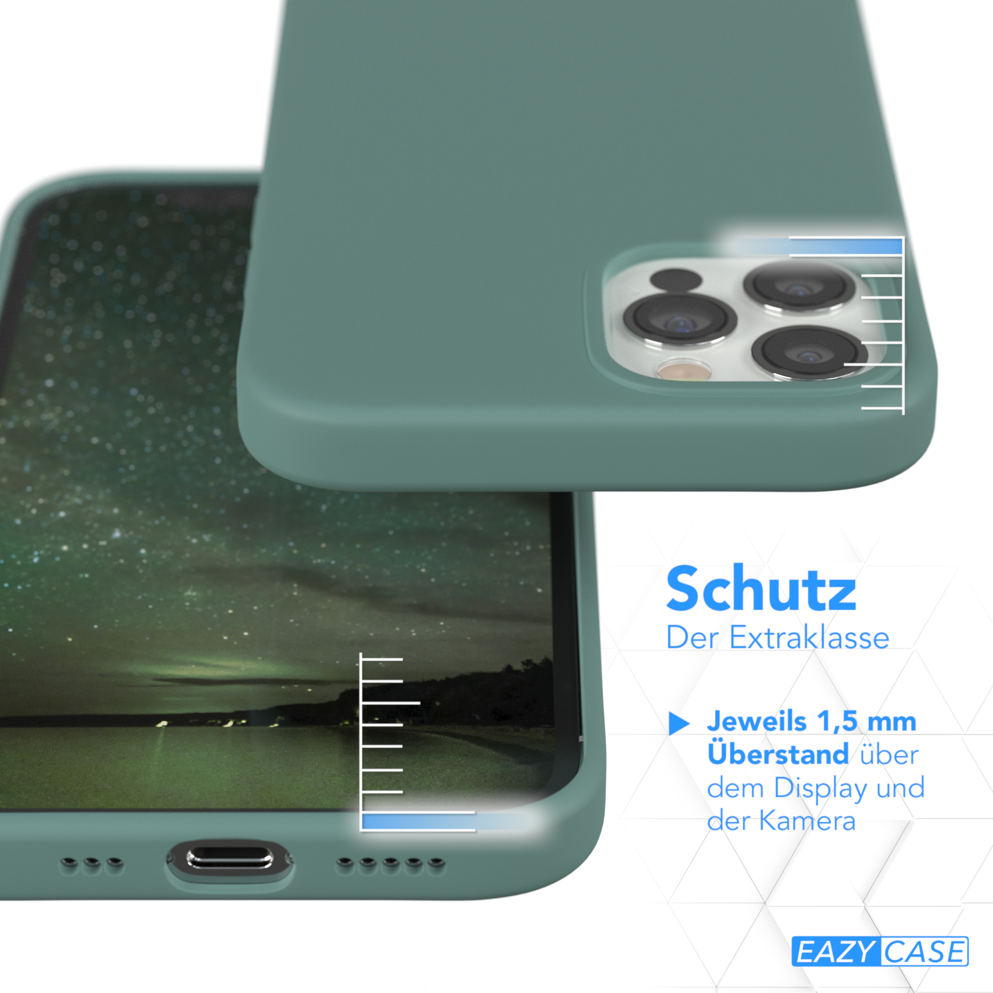 Grüne Handyhülle mit Telefon im Inneren, zeigt den Kameraschutz.