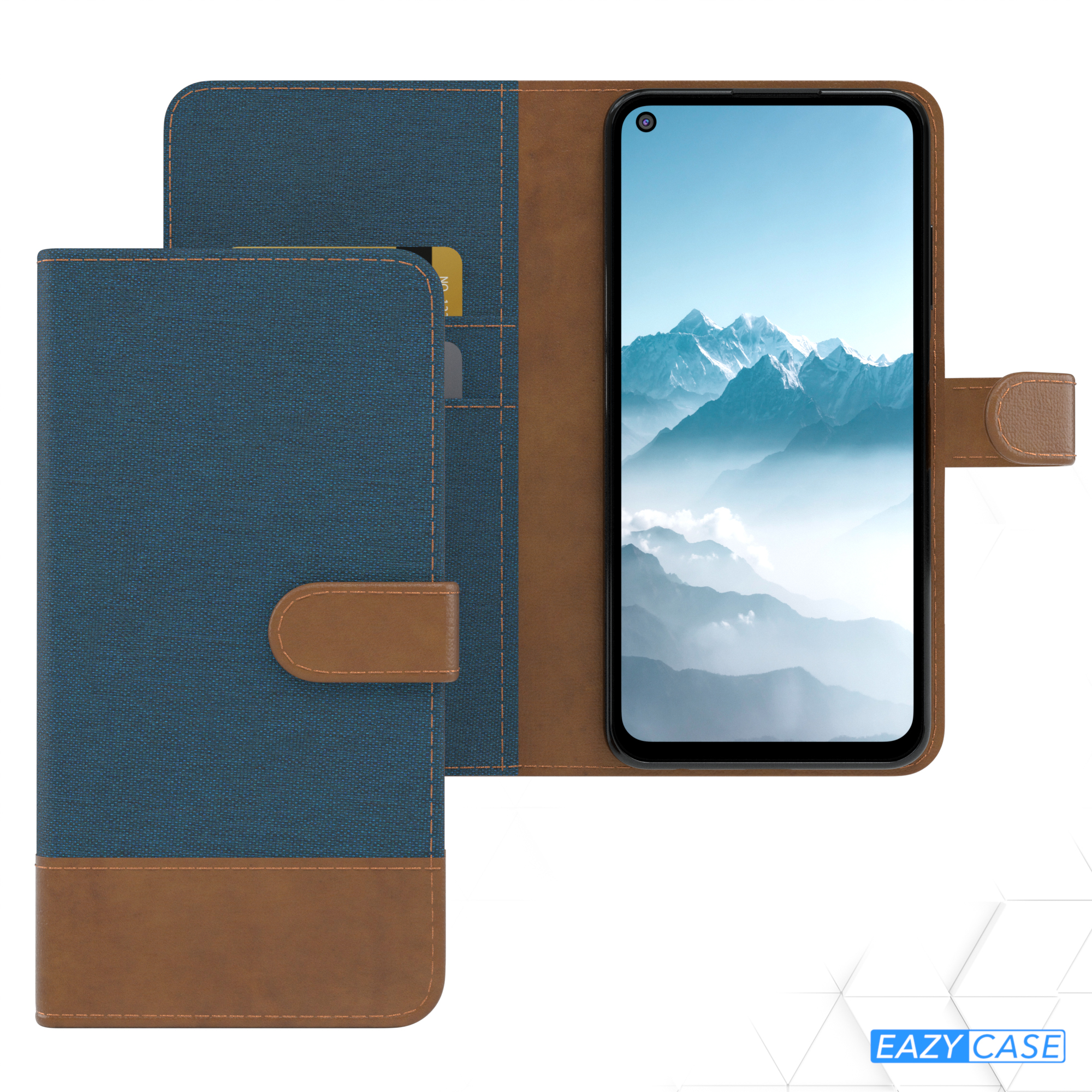 Eine blau-braune Handyhülle mit einem Telefon, das einen blauen Himmel zeigt.