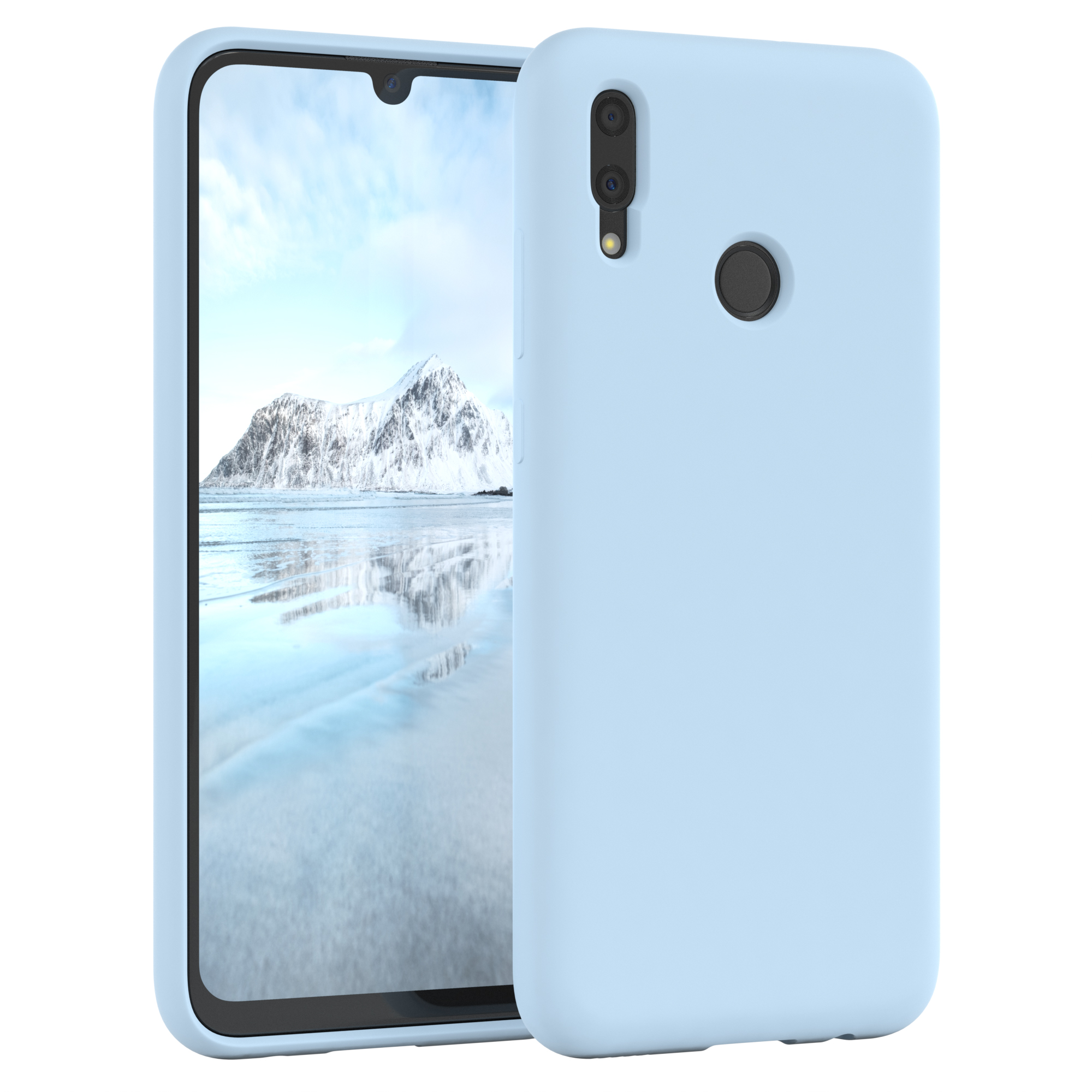 Hellblaue Handyhülle. Das Telefon zeigt eine Winterlandschaft.