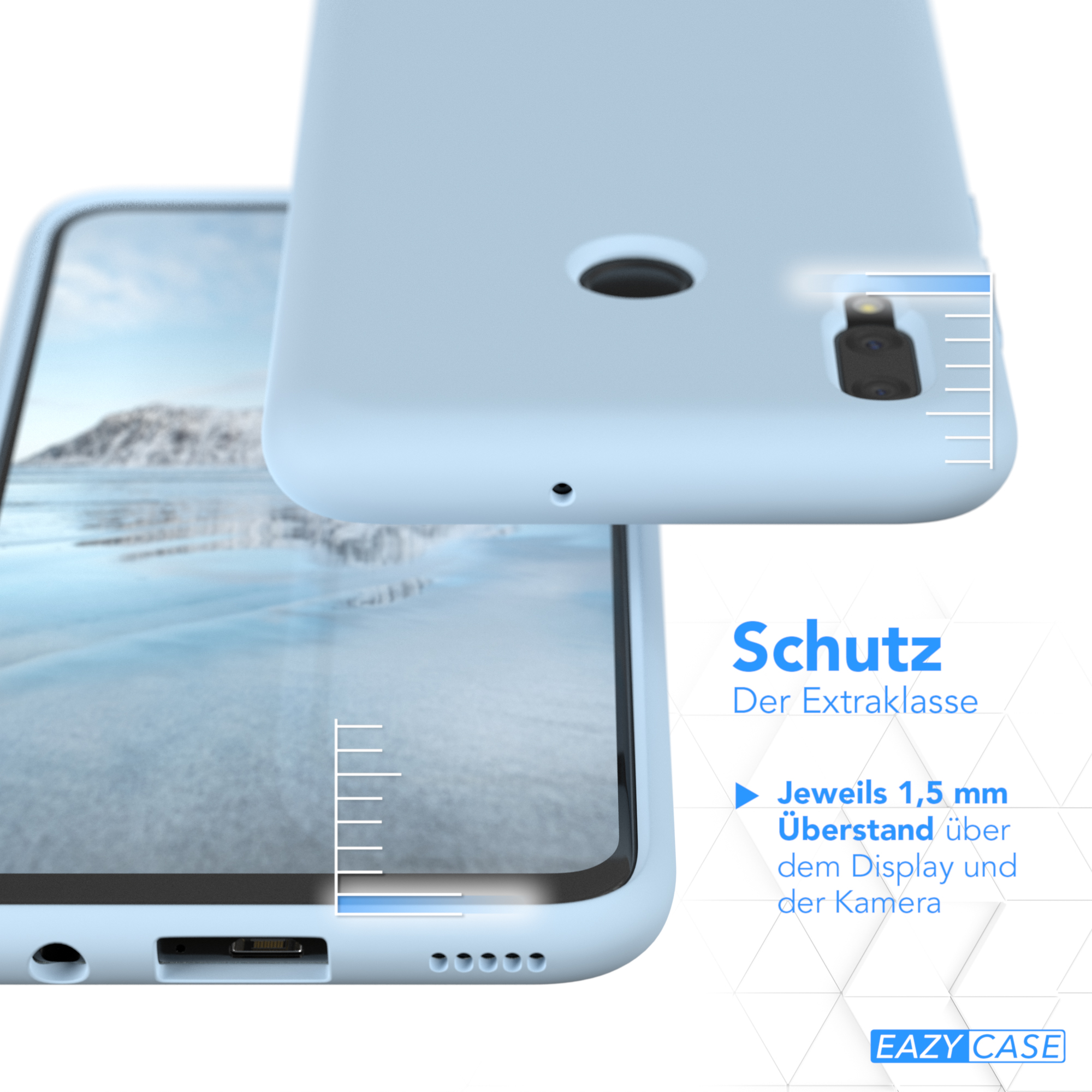 Blaue Handyhülle mit Telefon. Text: Schutz, 1,5 mm über Display und Kamera.