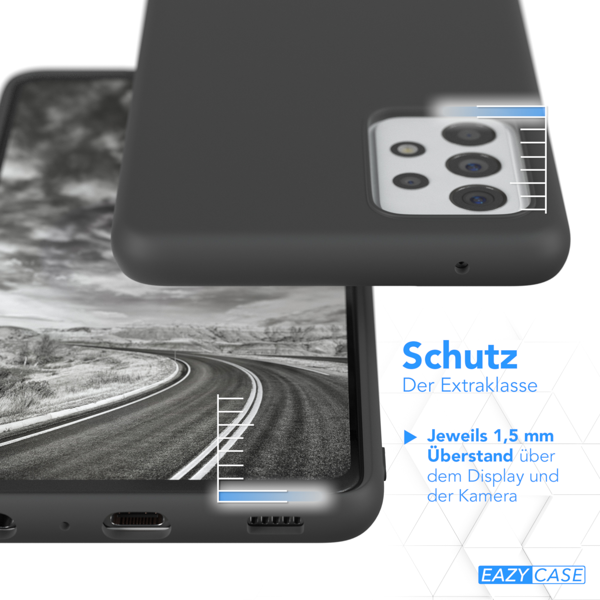 Nahaufnahme der Handyhülle, zeigt das schwarze Telefon und die umliegende Schutzschicht.