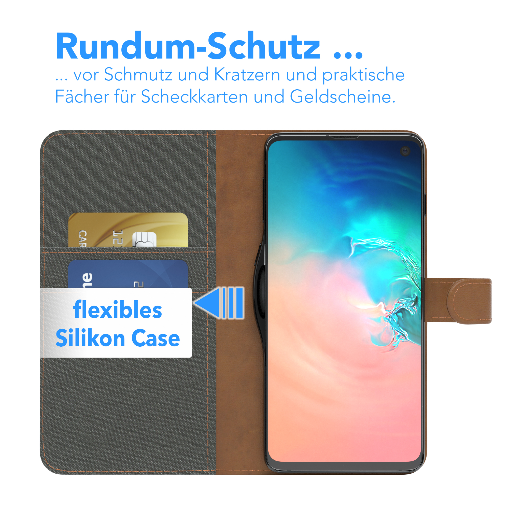 Telefon in einer Hülle mit Karten. Offen, zeigt Kartenfächer und eine geschlossene Lederabdeckung.