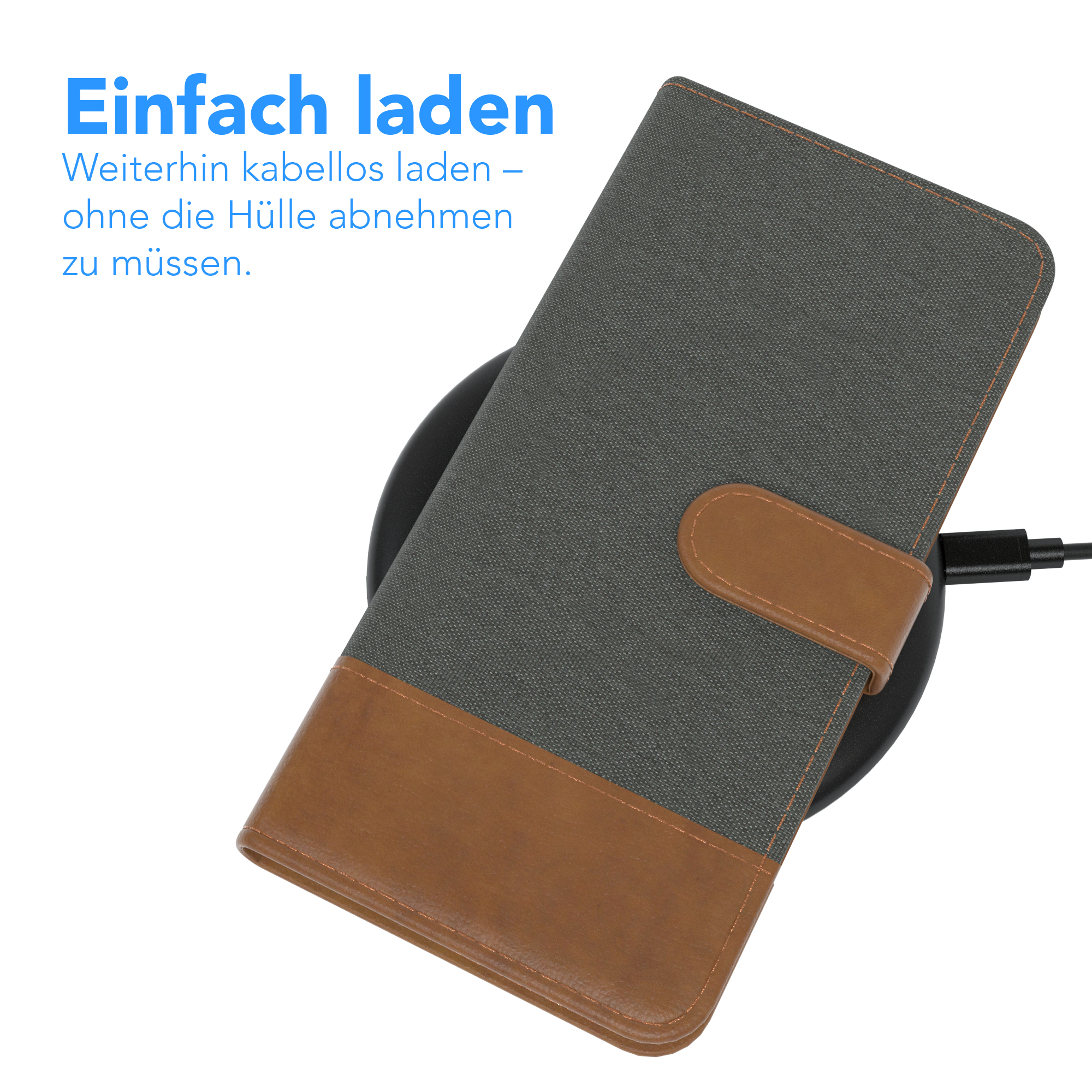 Handyhülle wird auf einem schwarzen kabellosen Ladegerät geladen. Hülle ist grau und braun. Text: Einfach laden (Einfaches Laden).