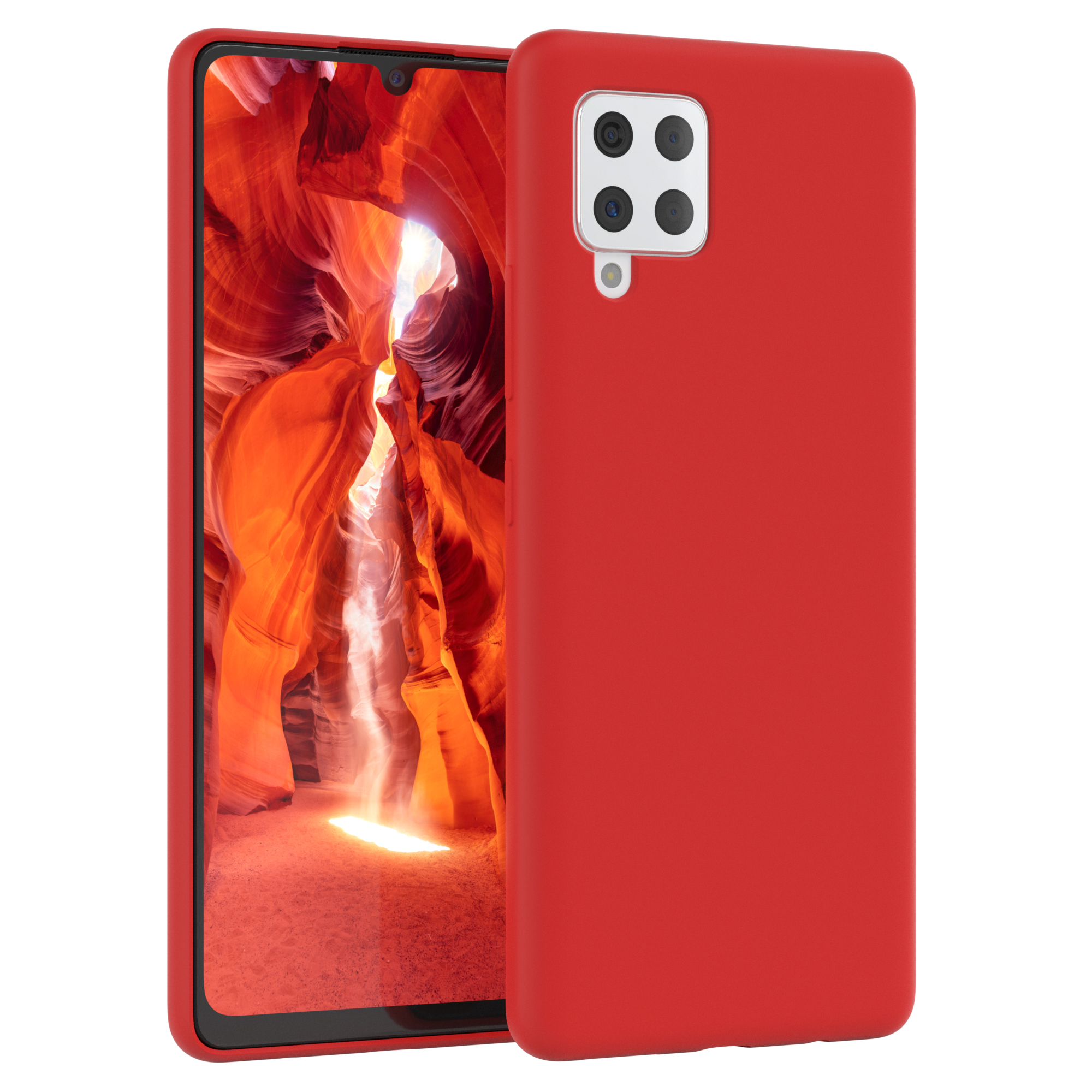 Rote Handyhülle mit Telefon darin. Die Handyhülle liegt neben dem Telefon.