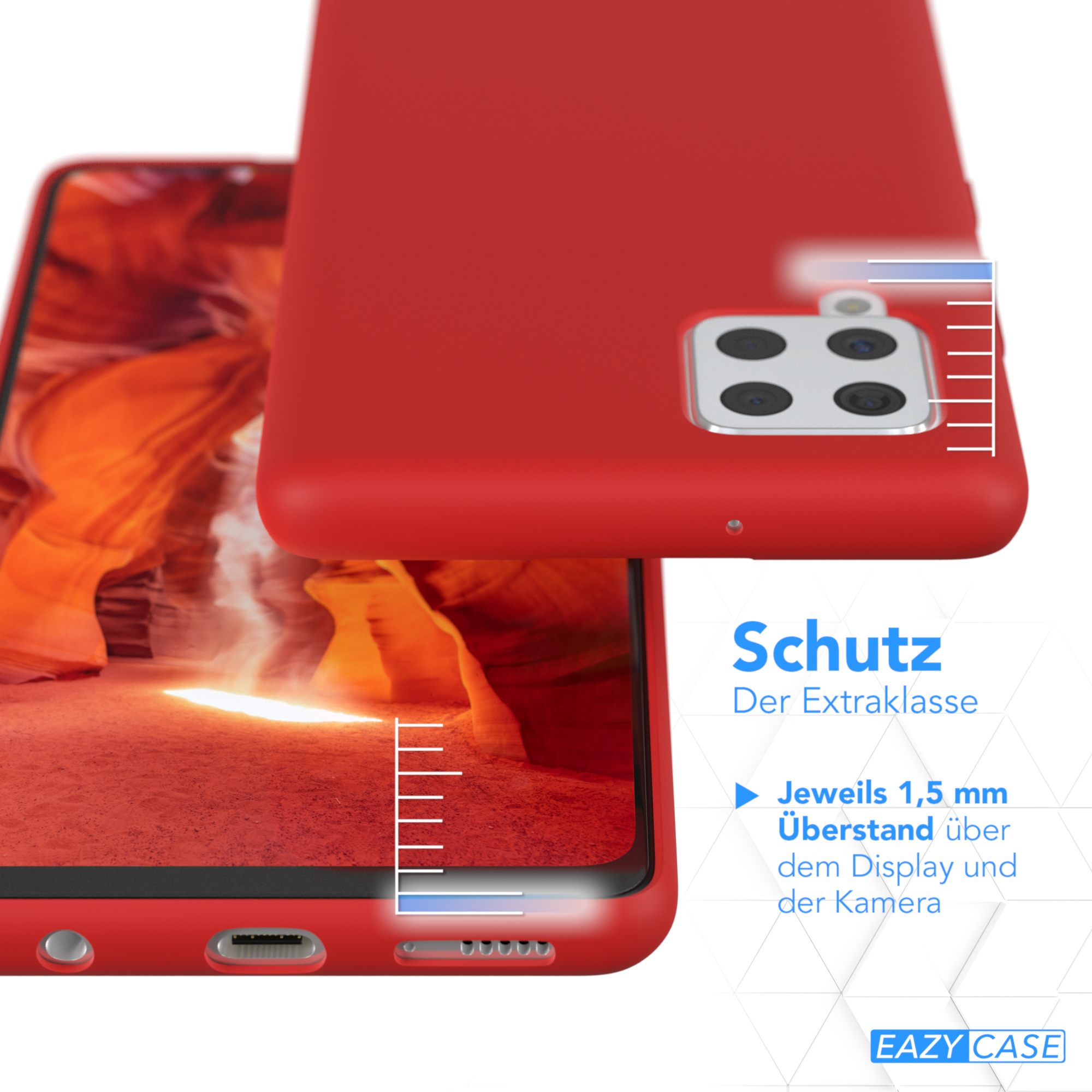 Nahaufnahme einer roten Handyhülle, mit dem Telefon darin. Text erwähnt Schutz, mit 1,5 mm über dem Display.
