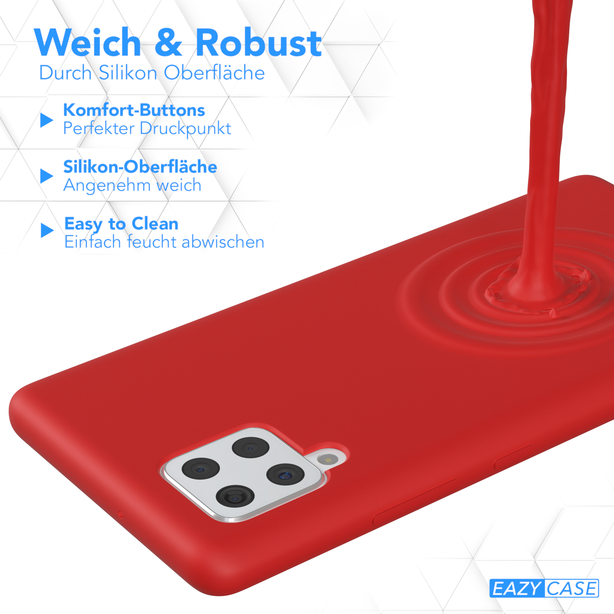 Rote Handyhülle mit Flüssigkeitsspritzer. Text: 'Weich & Robust' und 'Easy to Clean'.