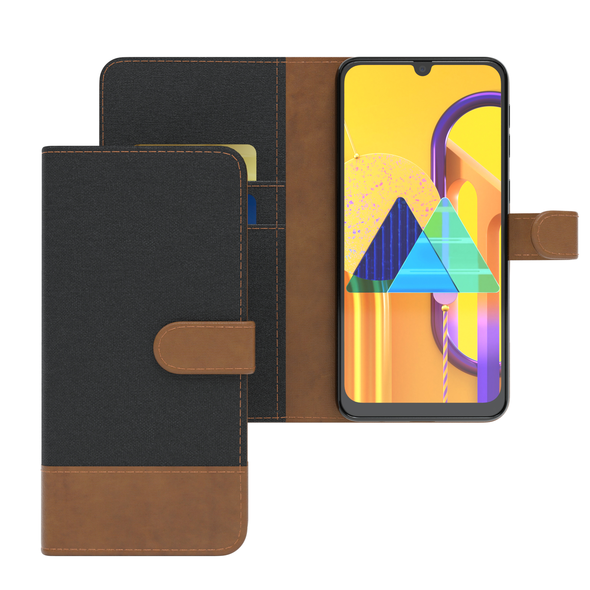 Schwarze Handyhülle, braune Akzente. Telefon rechts. Weißer Hintergrund.