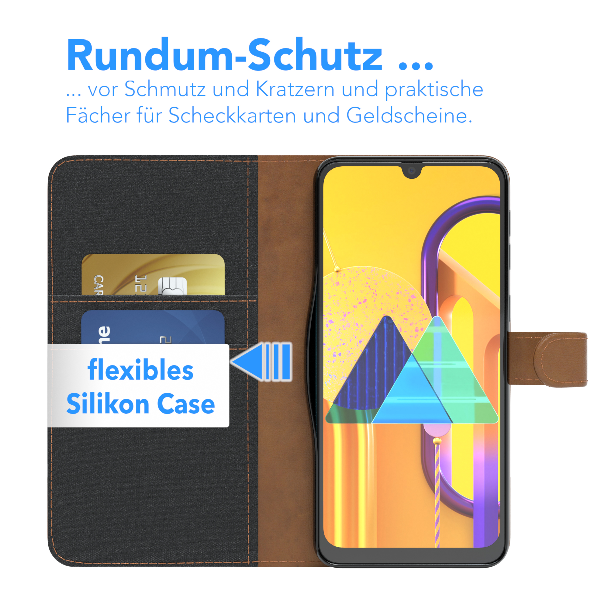 Geöffnete Handyhülle mit Karten und Telefon. Text: flexible Silikonhülle.