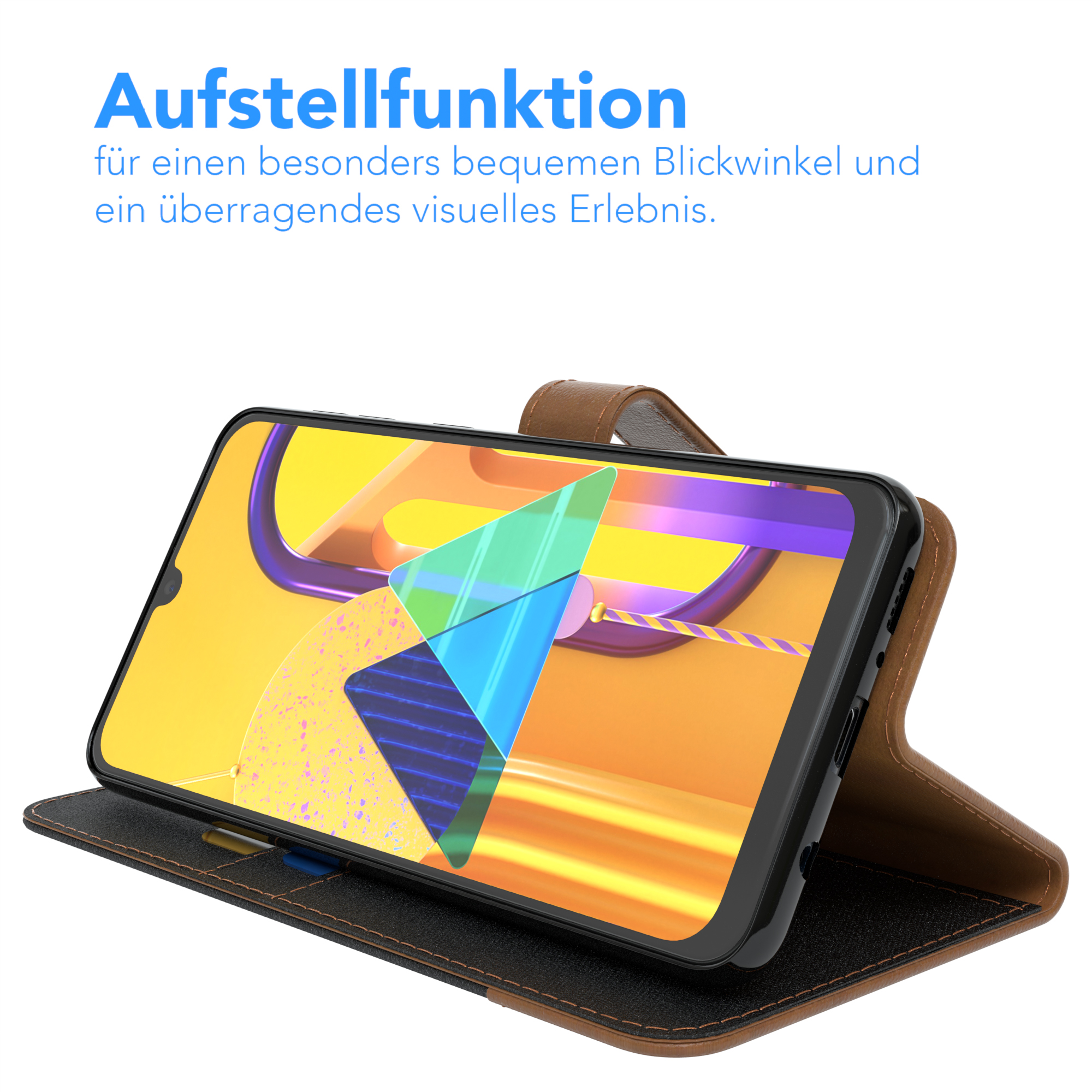 Telefon in brauner Hülle in Aufstellposition. Text: Aufstellfunktion für einen bequemen Blickwinkel.