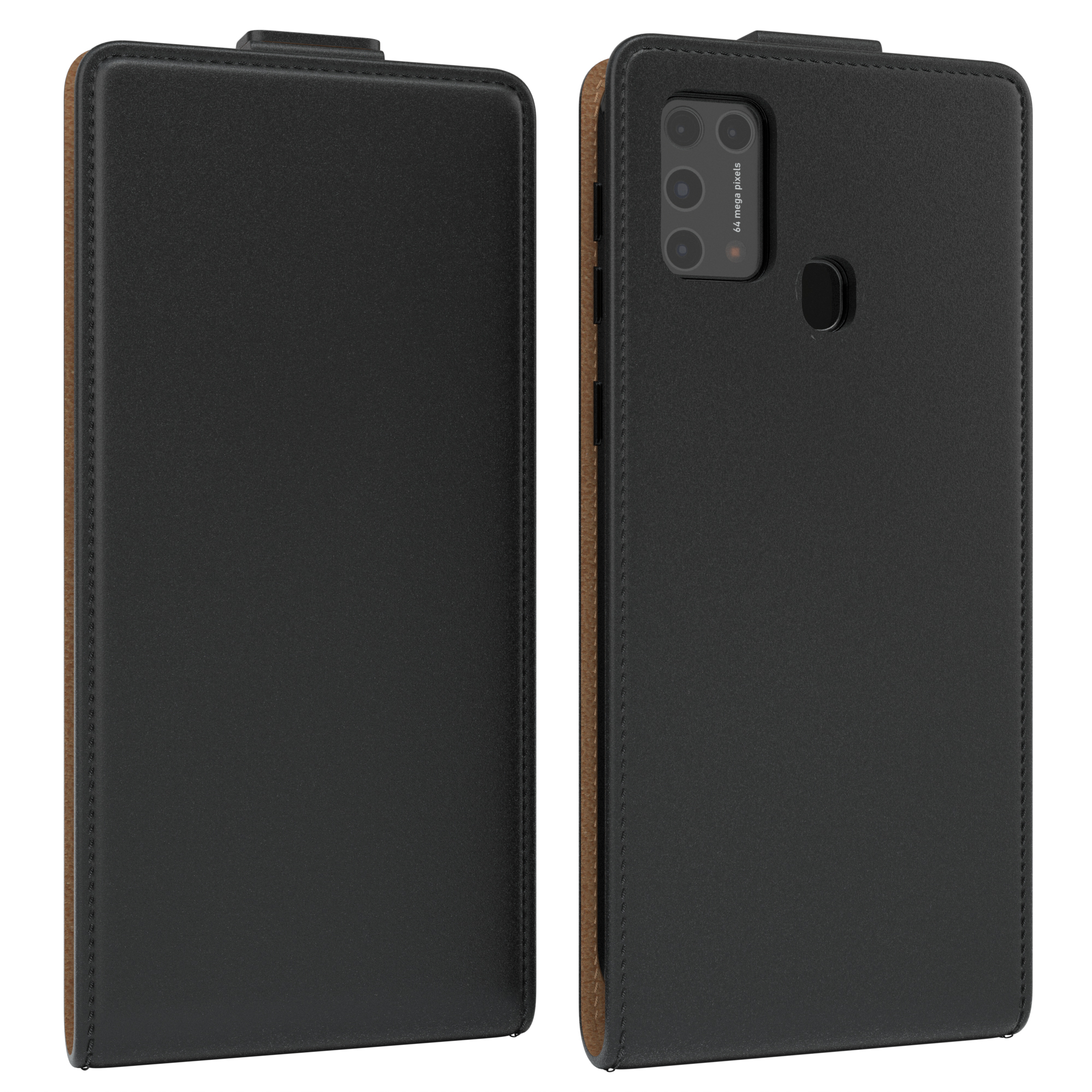 Schwarze Handyhülle, geöffnet. Schwarze Außenseite, braune Innenseite. Telefon ist nicht in der Hülle.