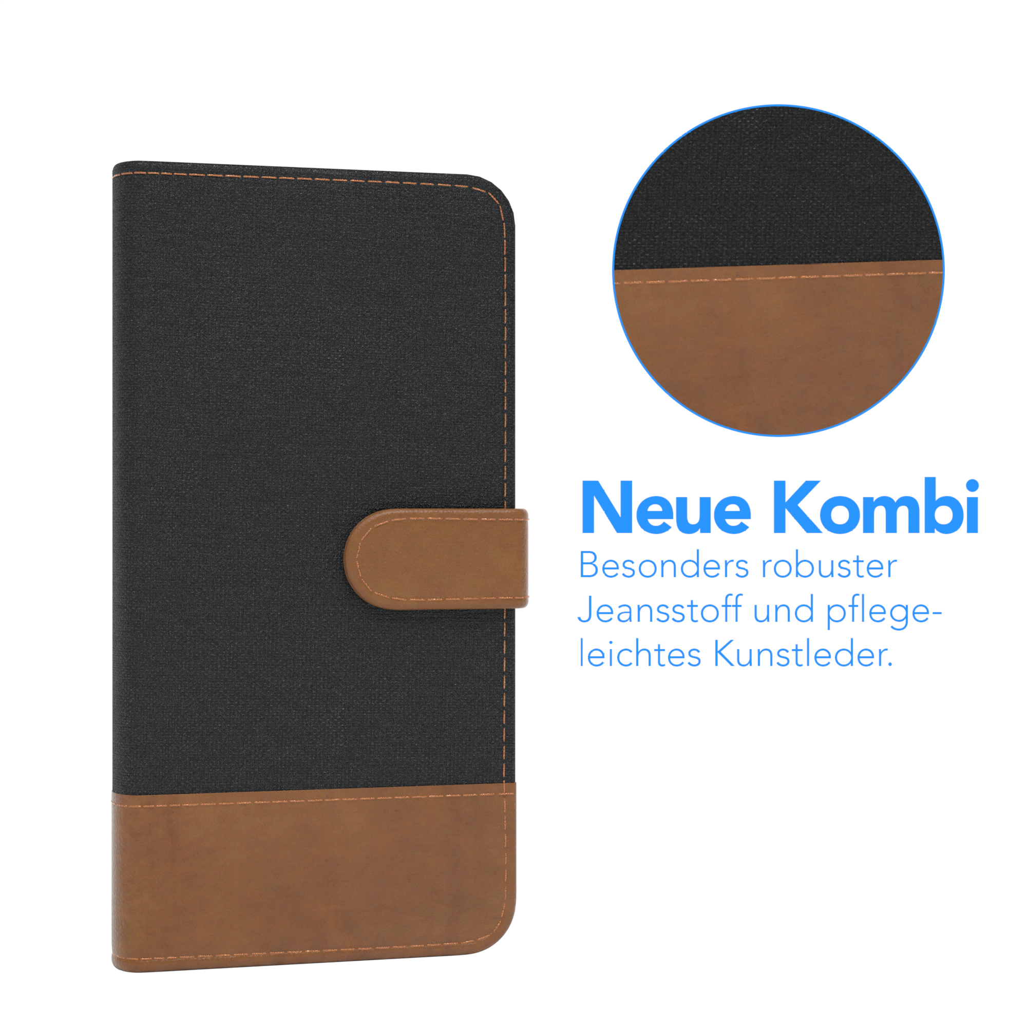 Schwarz-braune Handyhülle mit deutschem Text. Nahaufnahme der Ecke.