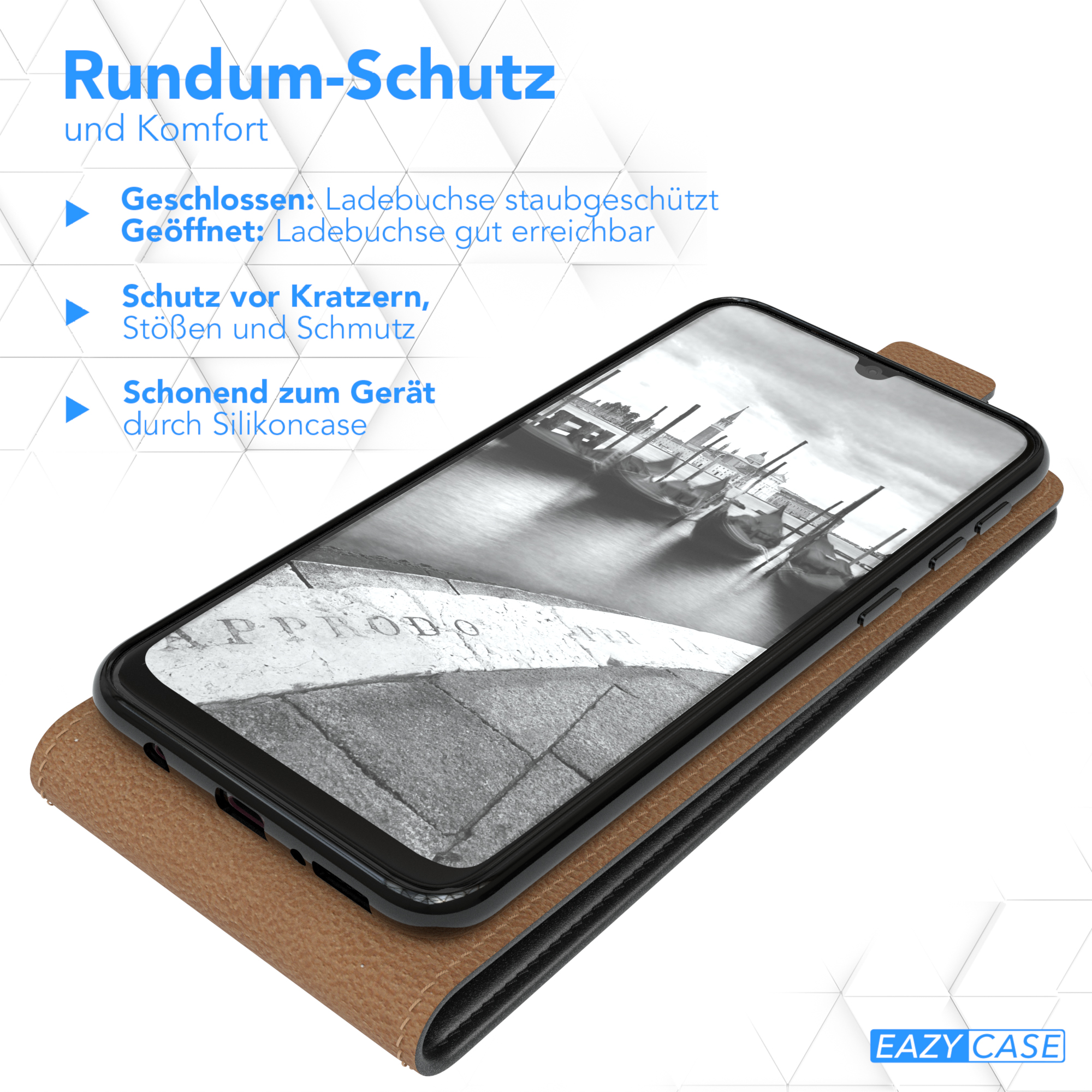Ein Telefon in einer braunen und schwarzen Hülle. Es ist geöffnet, um den Bildschirm mit einer Landschaft zu zeigen.