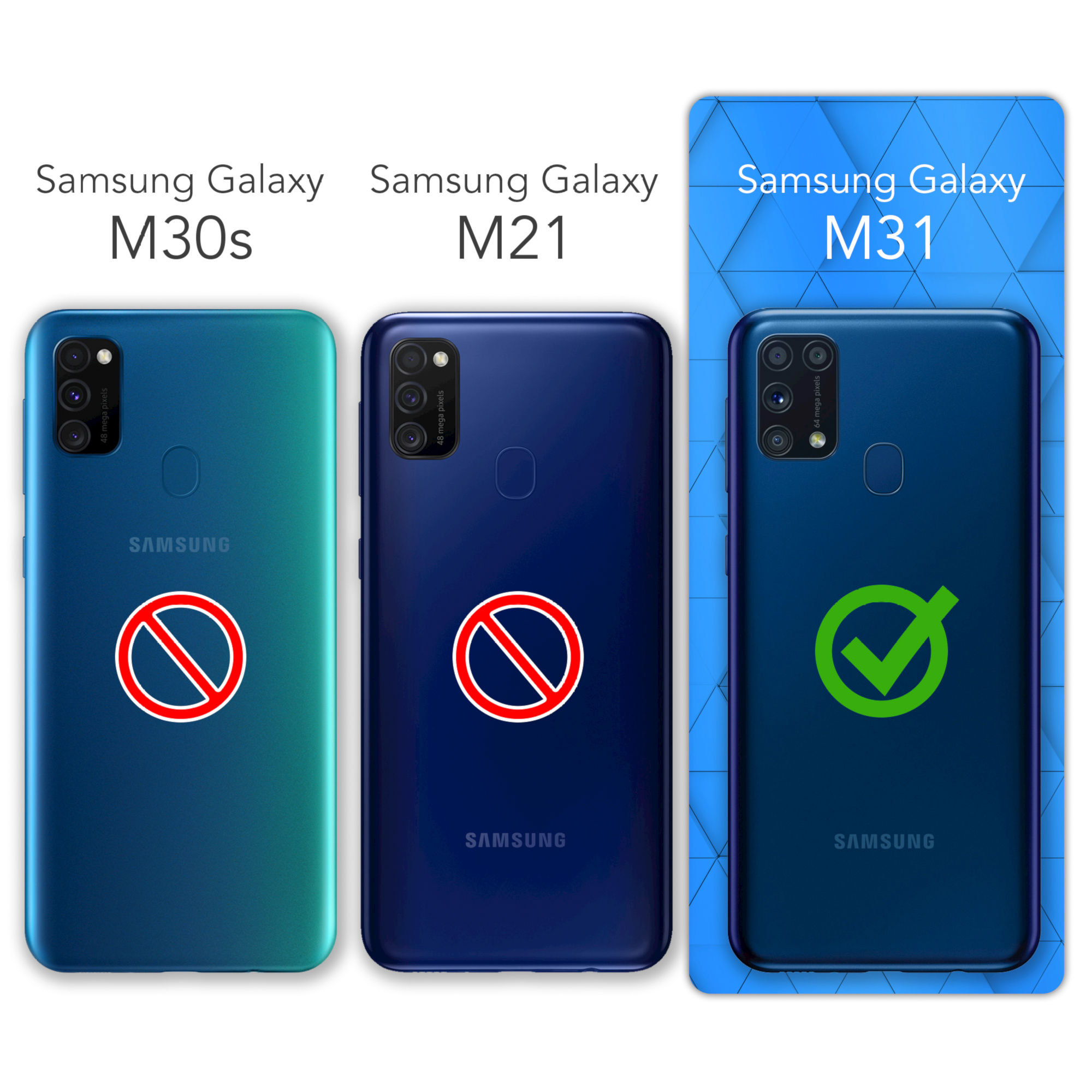 Drei Telefone, das Samsung Galaxy M31 ist das einzige mit einem grünen Häkchen.