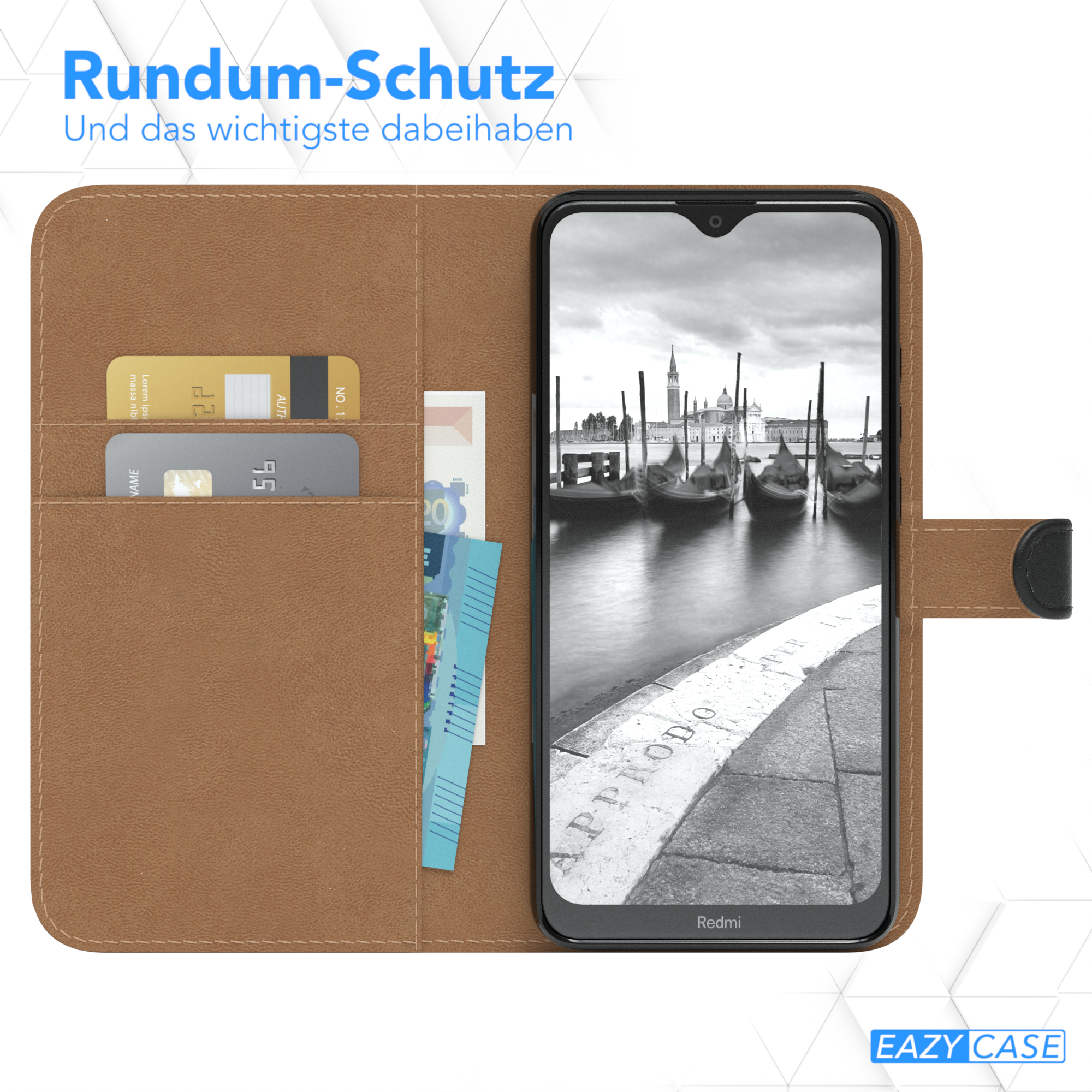 Eine braune Brieftaschen-Handyhülle mit Telefon und Karten- und Geldfächern, mit Foto von Venedig.