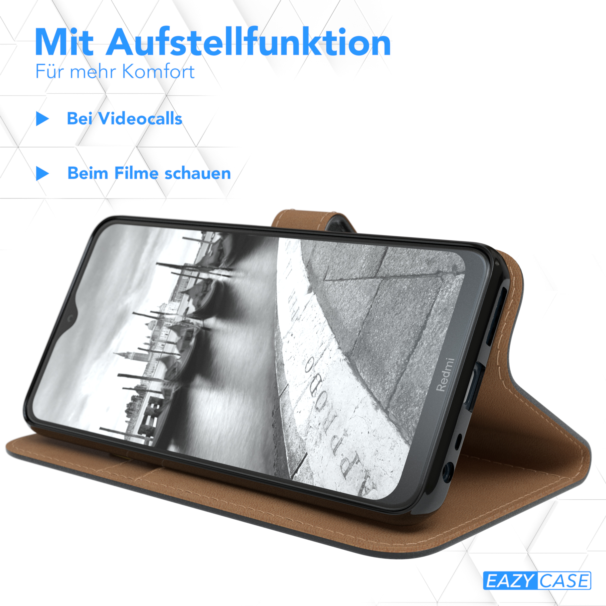 Handyhülle mit Telefon, braunes Leder, mit Text: 'Bei Videocalls, Beim Filme schauen'.