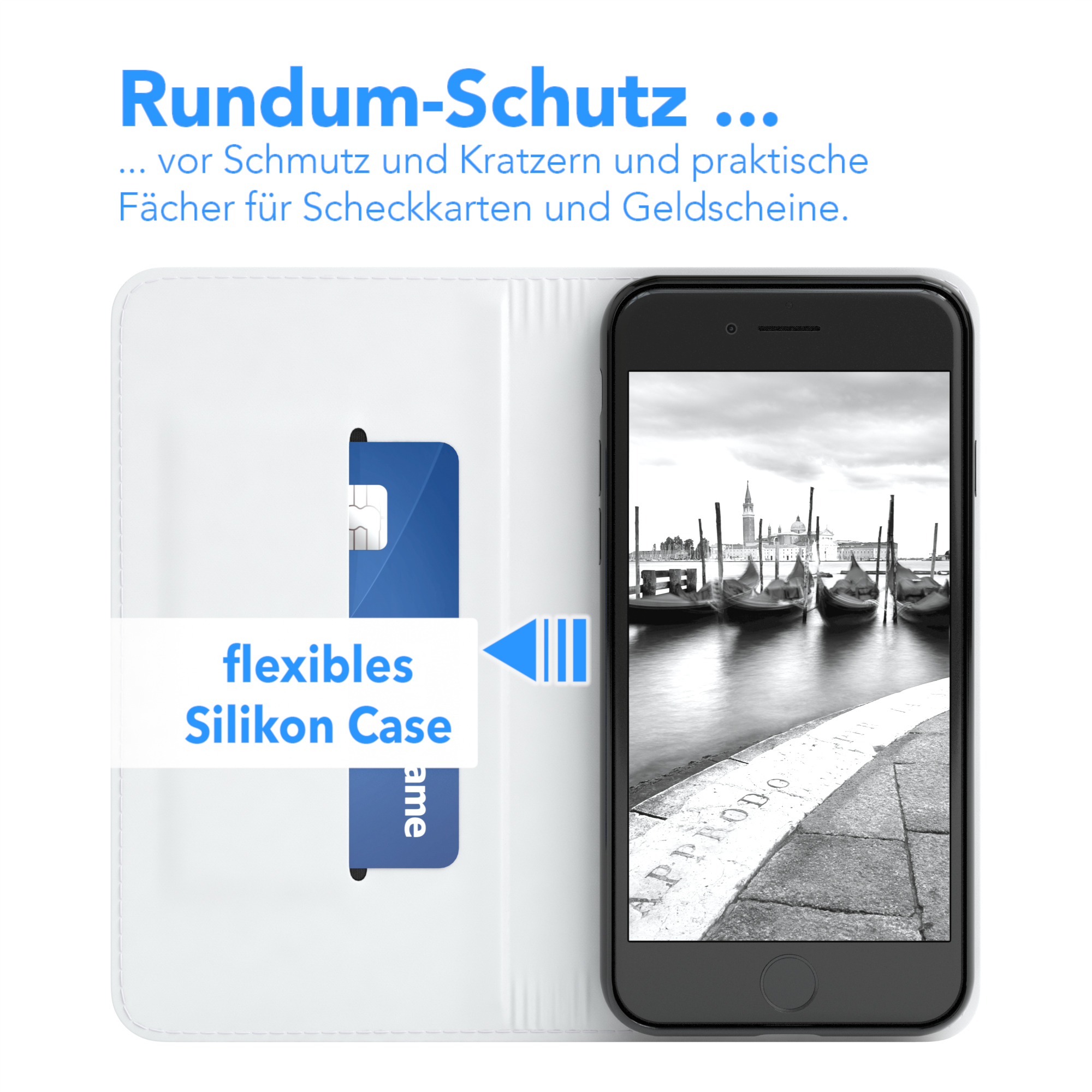 Telefon in einer Hülle mit Karte und Venedig-Bild auf dem Bildschirm.