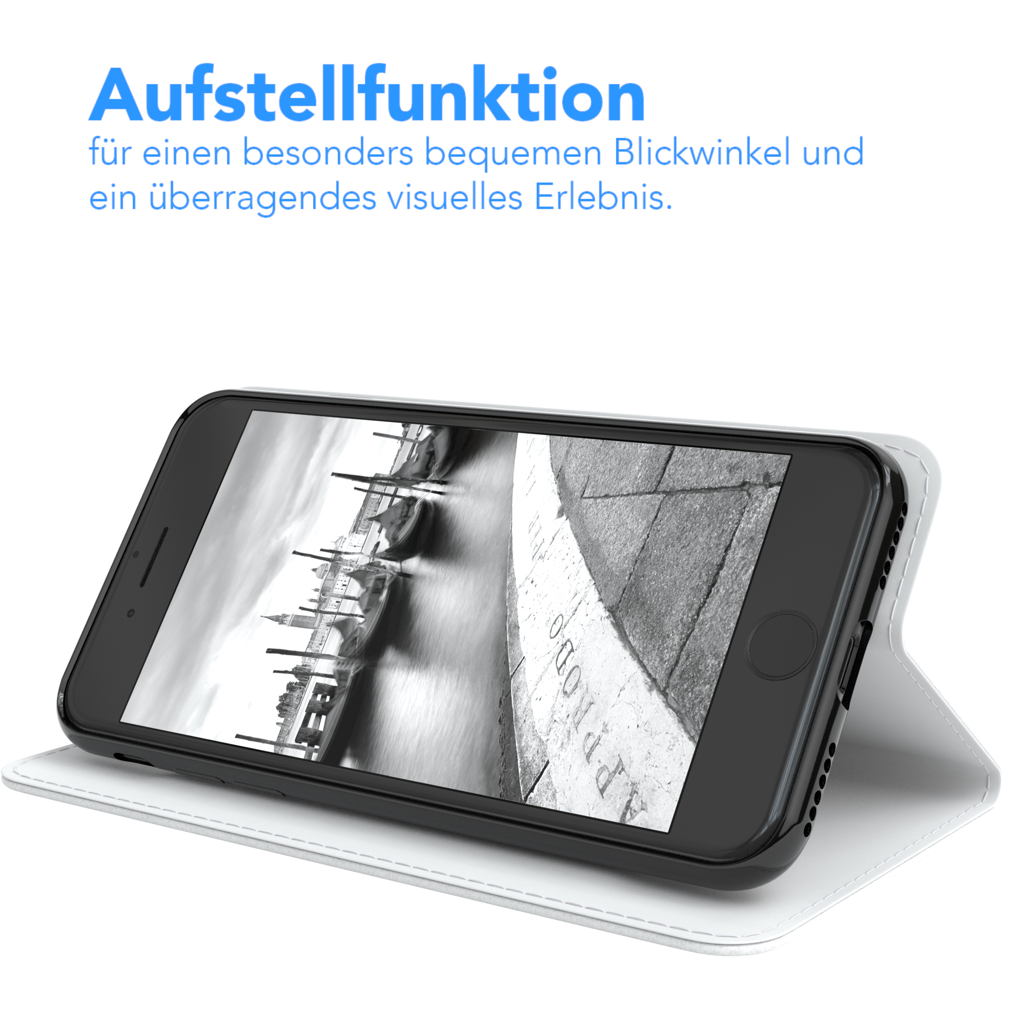 Telefon in einer Hülle auf einem Ständer. Text sagt "Aufstellfunktion".