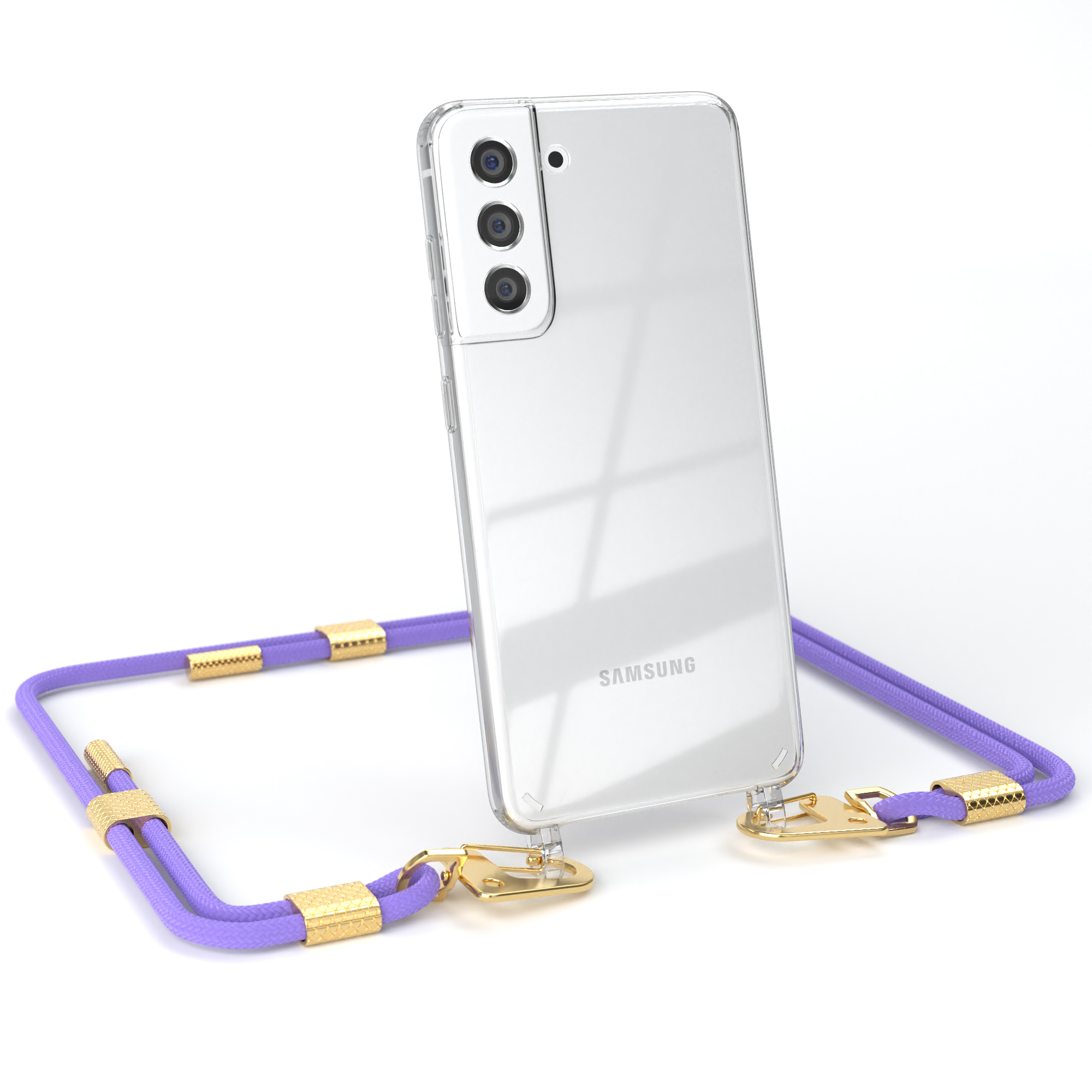 Klares Telefon mit lila Schlüsselband. Telefon hat drei Kameras. Weißer Hintergrund.