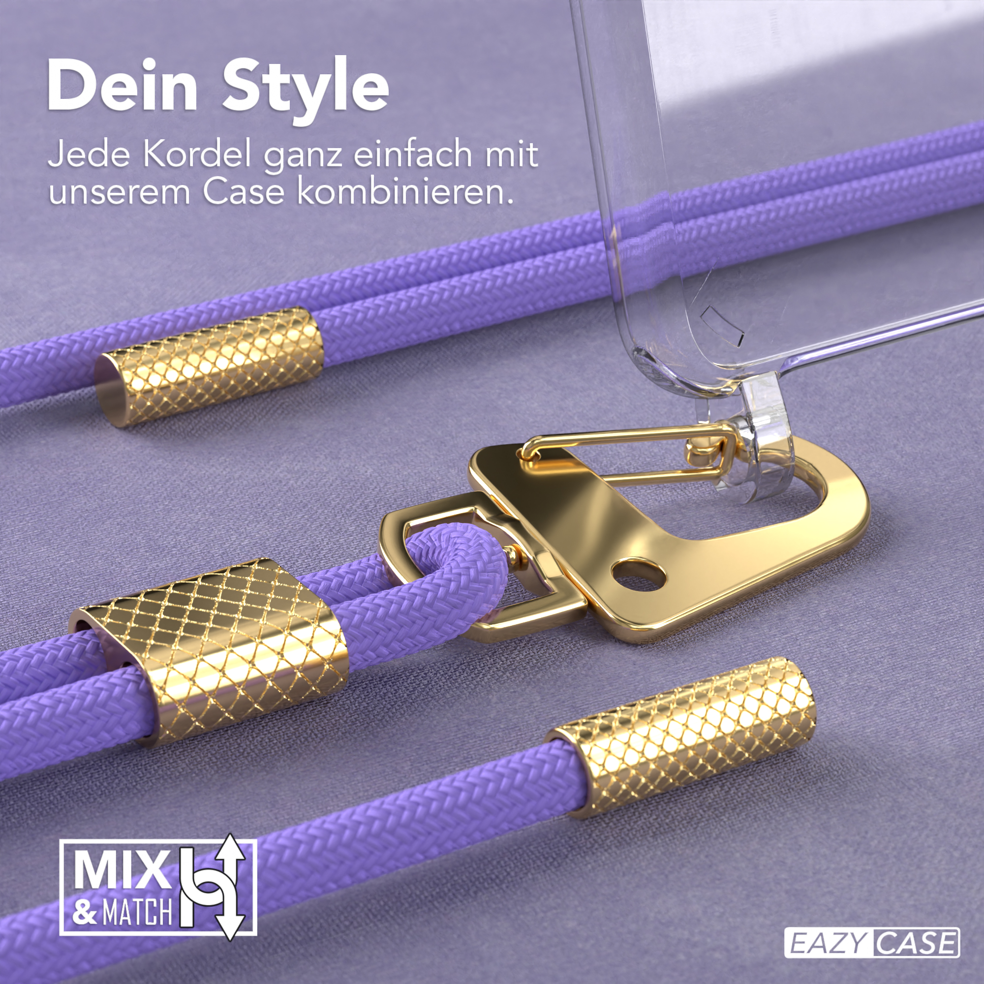 Lila Telefonschnur mit goldenen Akzenten. Das Telefon ist in einer transparenten Hülle. Der Hintergrund ist lila.