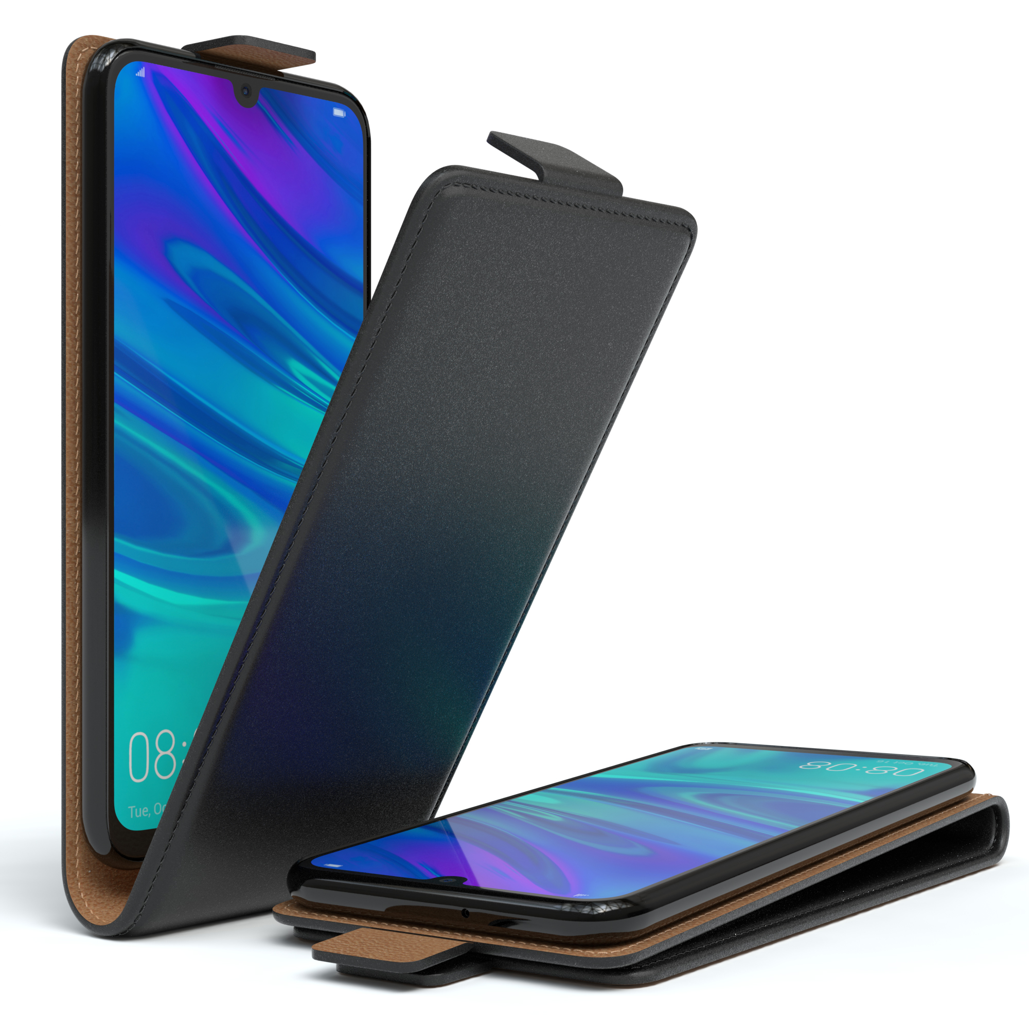 Schwarze Handyhülle mit Telefon. Eine weitere offene Hülle mit Telefon.