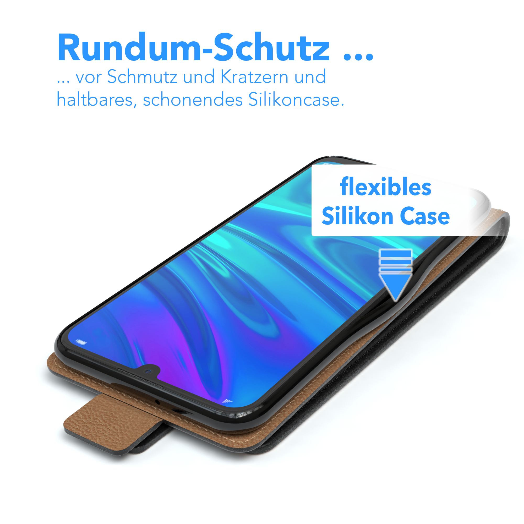 Telefon in einem Case. Das Case ist braun und schwarz und schützt den Bildschirm.