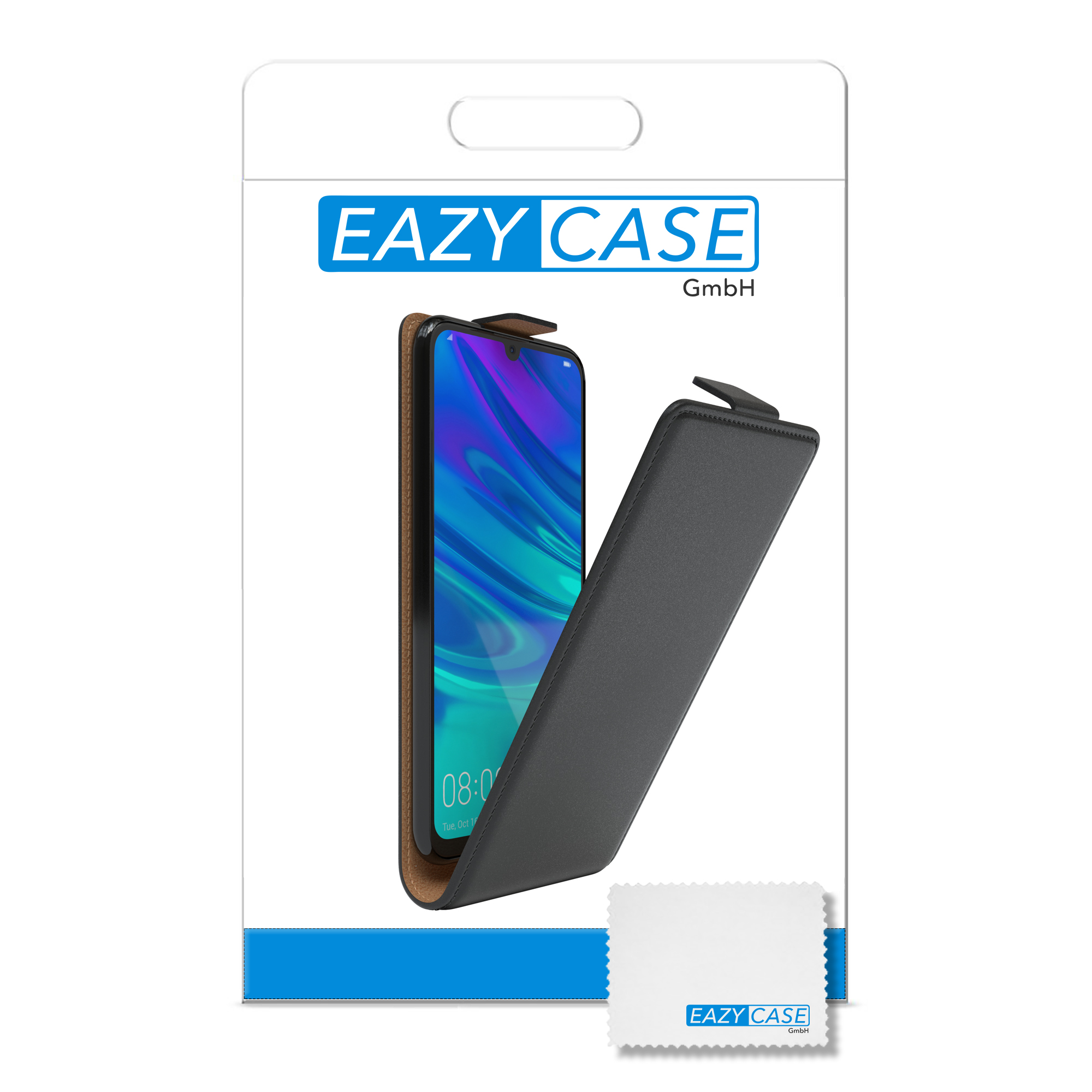 Handyhüllenverpackung mit einem Telefon darin. Weißer Hintergrund, Branding sichtbar.