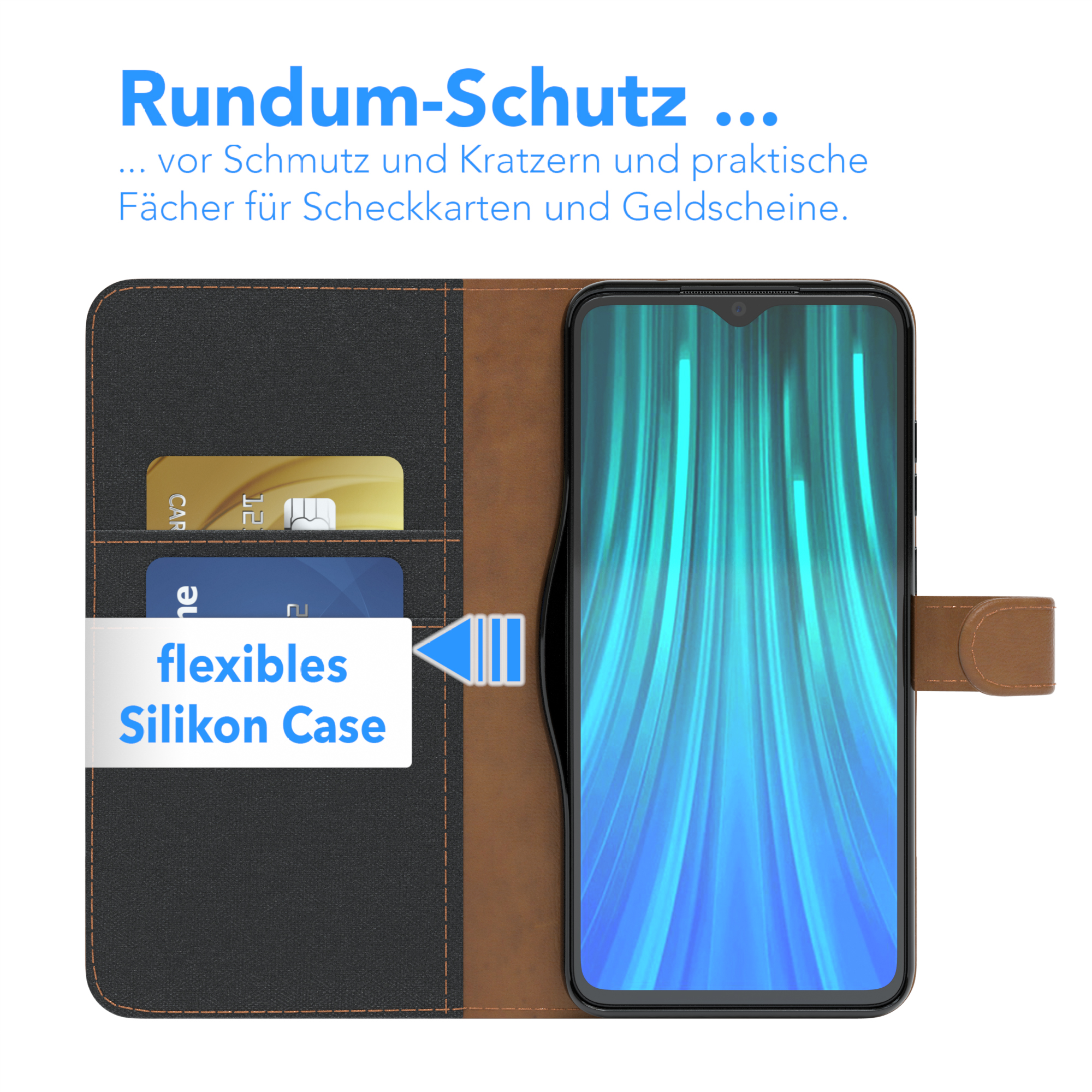 Telefon in einer schwarz-braunen Lederhülle mit Kartenfächern, Text lautet 'flexibles Silikon Case' und 'Rundum-Schutz'.
