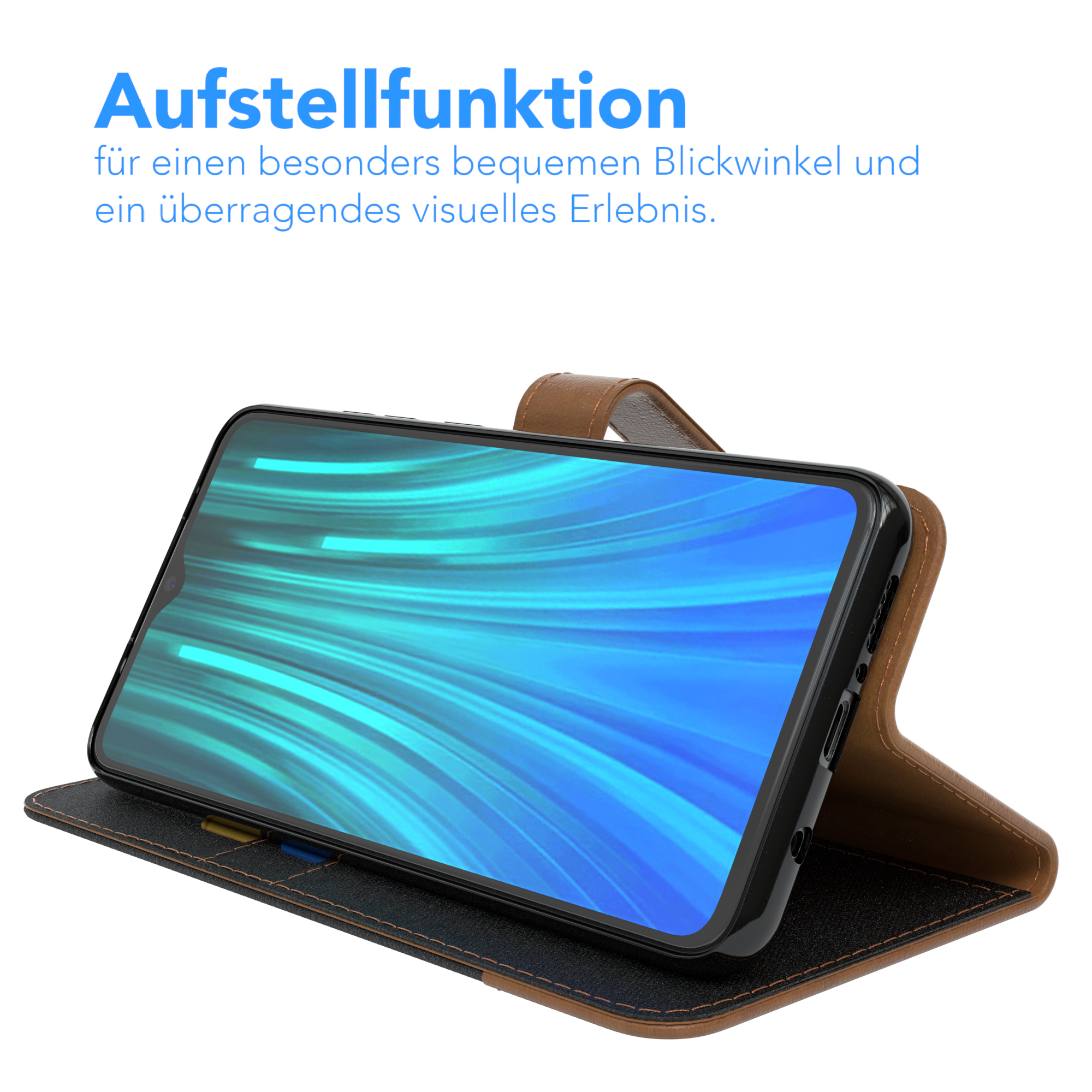 Telefon in Hülle, aufgestellt. Braune, lederartige Hülle mit blauem Bildschirm.