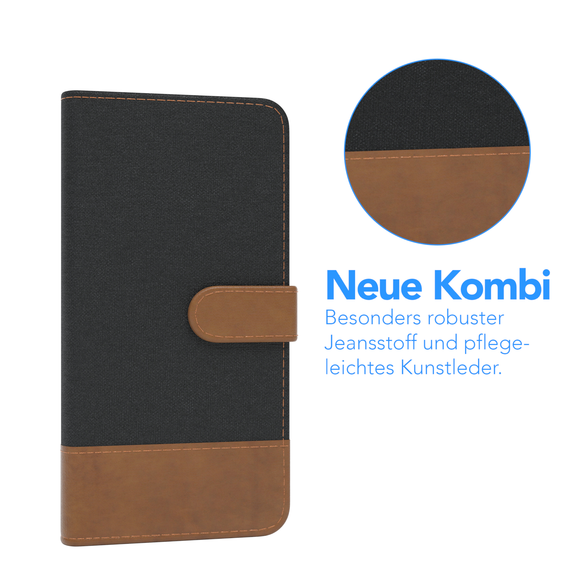 Eine schwarz-braune Handyhülle mit Schnappverschluss. Detailfoto zeigt Stoff und Leder.