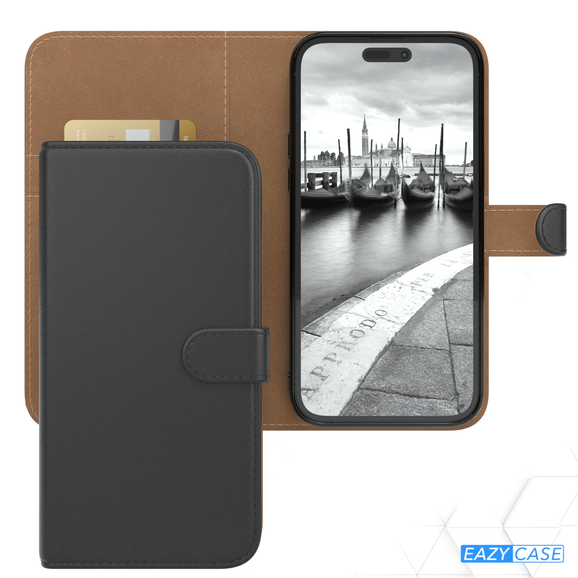 Schwarze Handyhülle mit Venedig-Bild. Die Hülle ist geöffnet, eine Karte steckt in der Tasche.