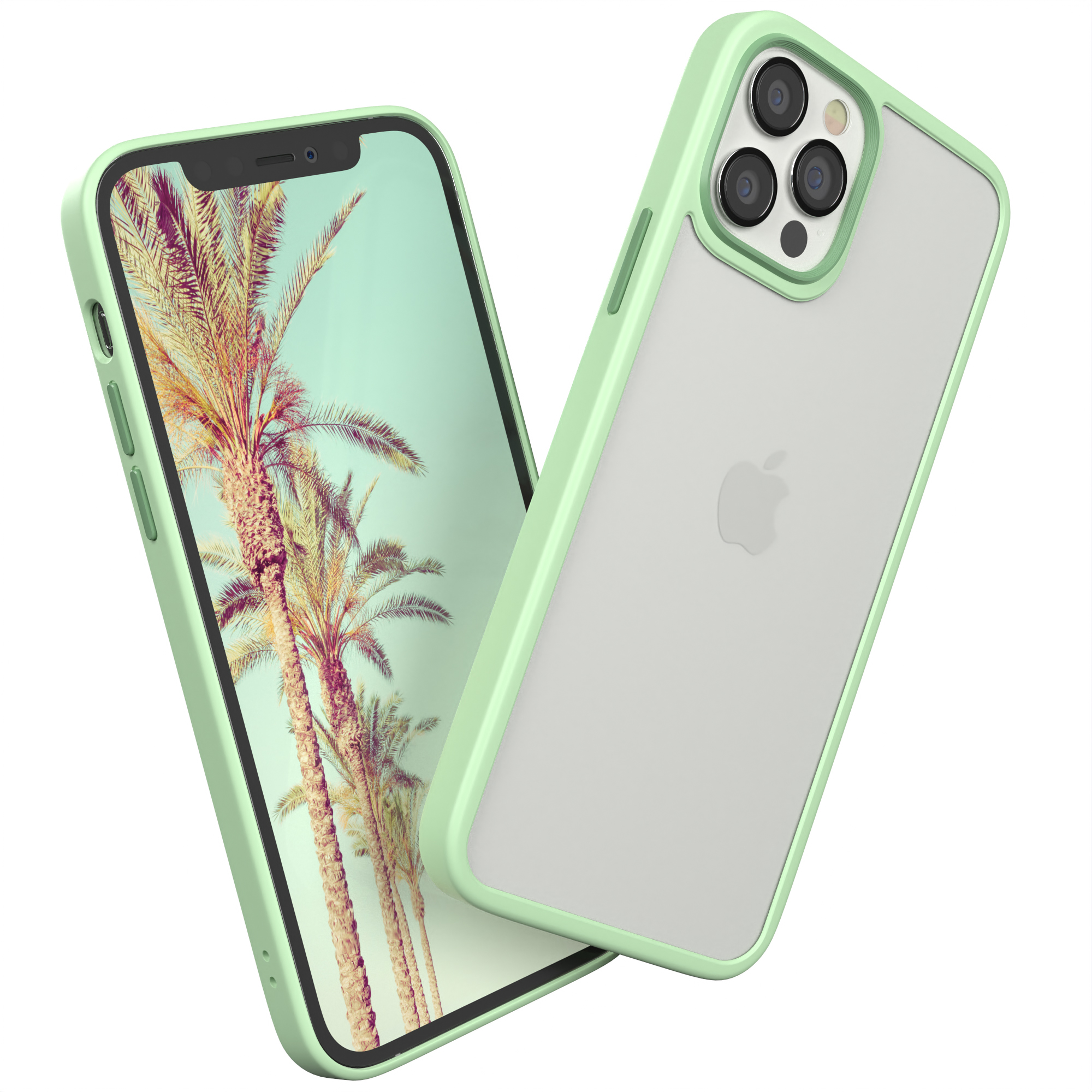 Grüne Handyhülle mit Palmenhintergrund auf dem Telefonbildschirm.