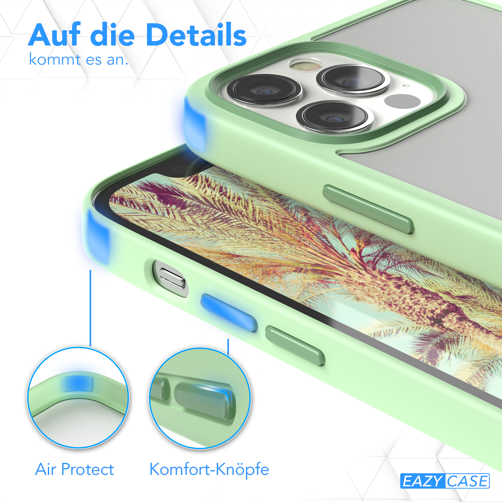 Nahaufnahme der Handyhülle mit grünen Akzenten und dem Text 'Air Protect' und 'Komfort-Knöpfe'.