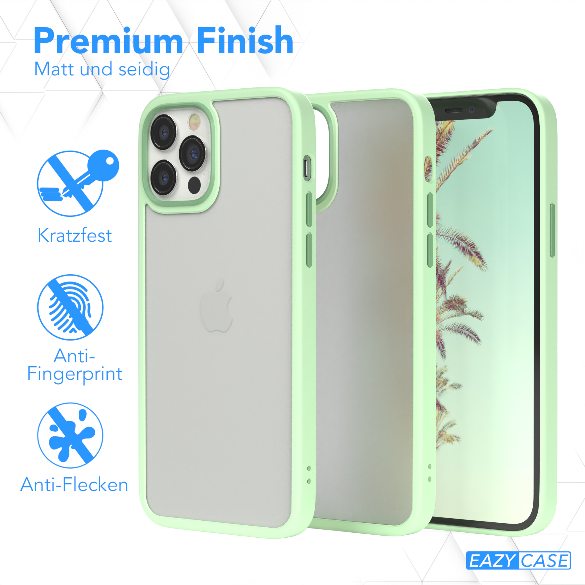 iPhone-Hülle, grüner Rahmen, klarer Rücken, drei Farboptionen, mit Kratz- und Fingerabdruckschutz.