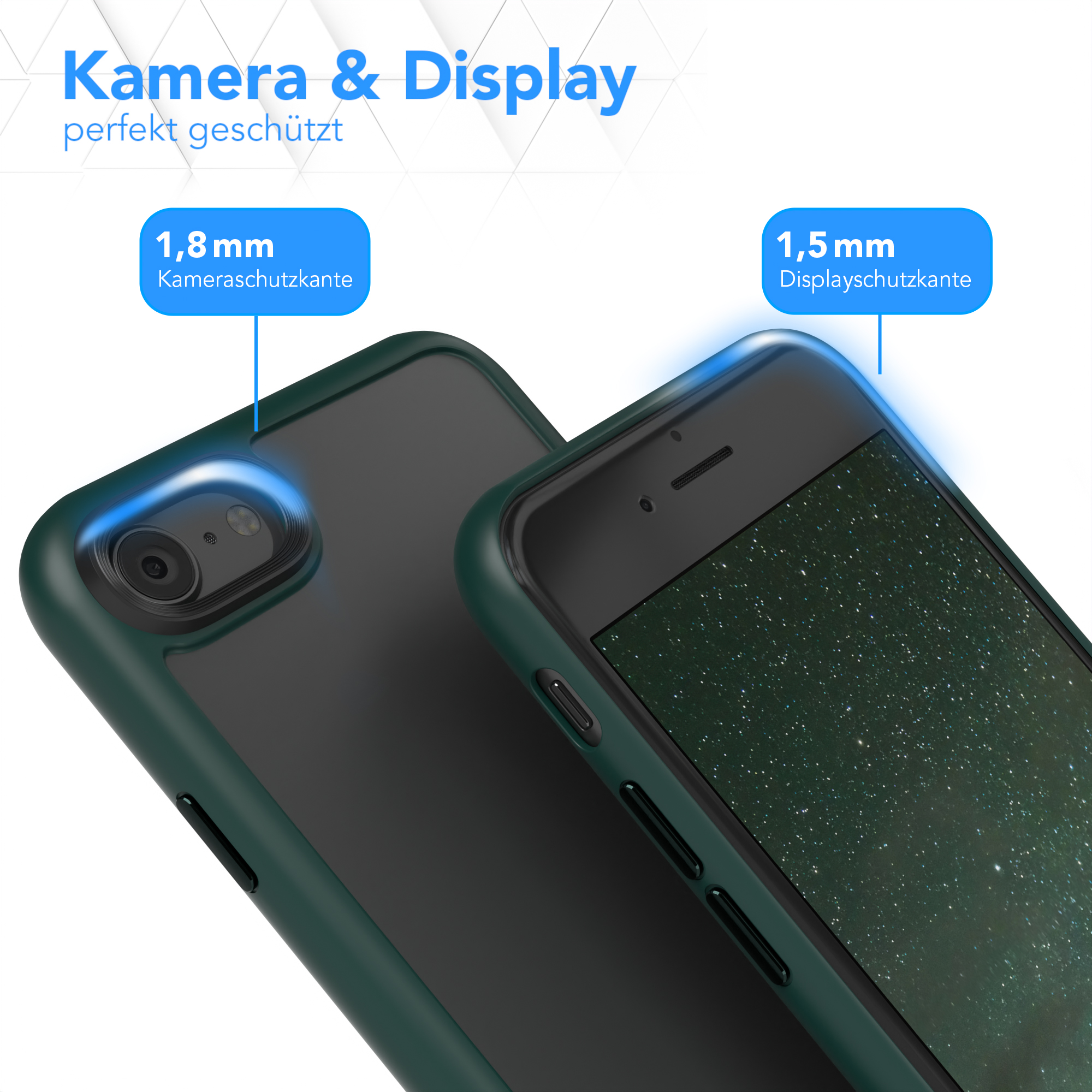 Zwei Handyhüllen, eine grüne, eine schwarze, mit Kamera- und Displayschutzdetails.