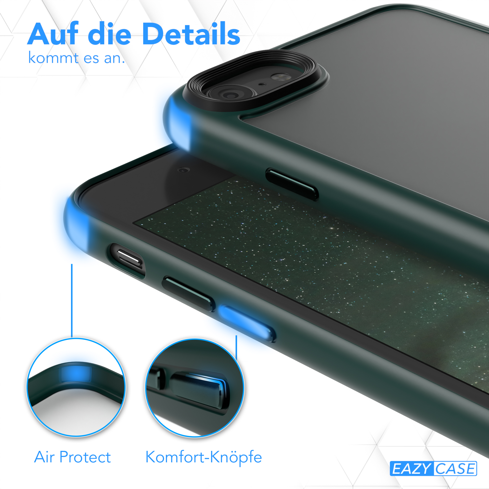 Handyhülle Details. Air Protect-Funktion und Komfort-Tasten sind hervorgehoben.