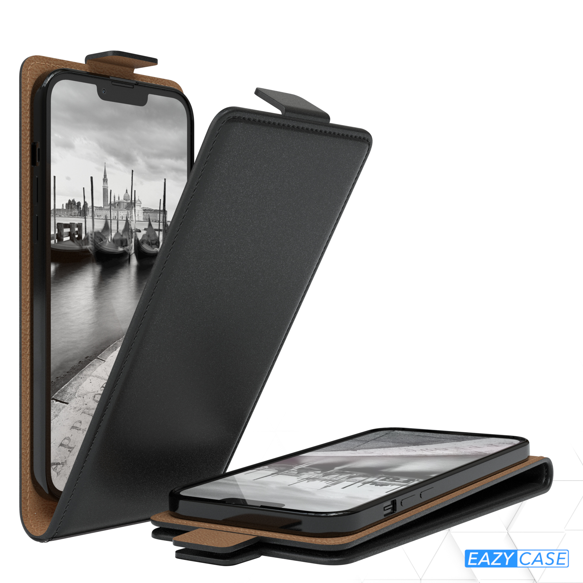 Ein Telefon in einer schwarzen Hülle, geöffnet, um ein Bild von Venedig zu zeigen. Eine andere Hülle liegt auf dem Tisch.