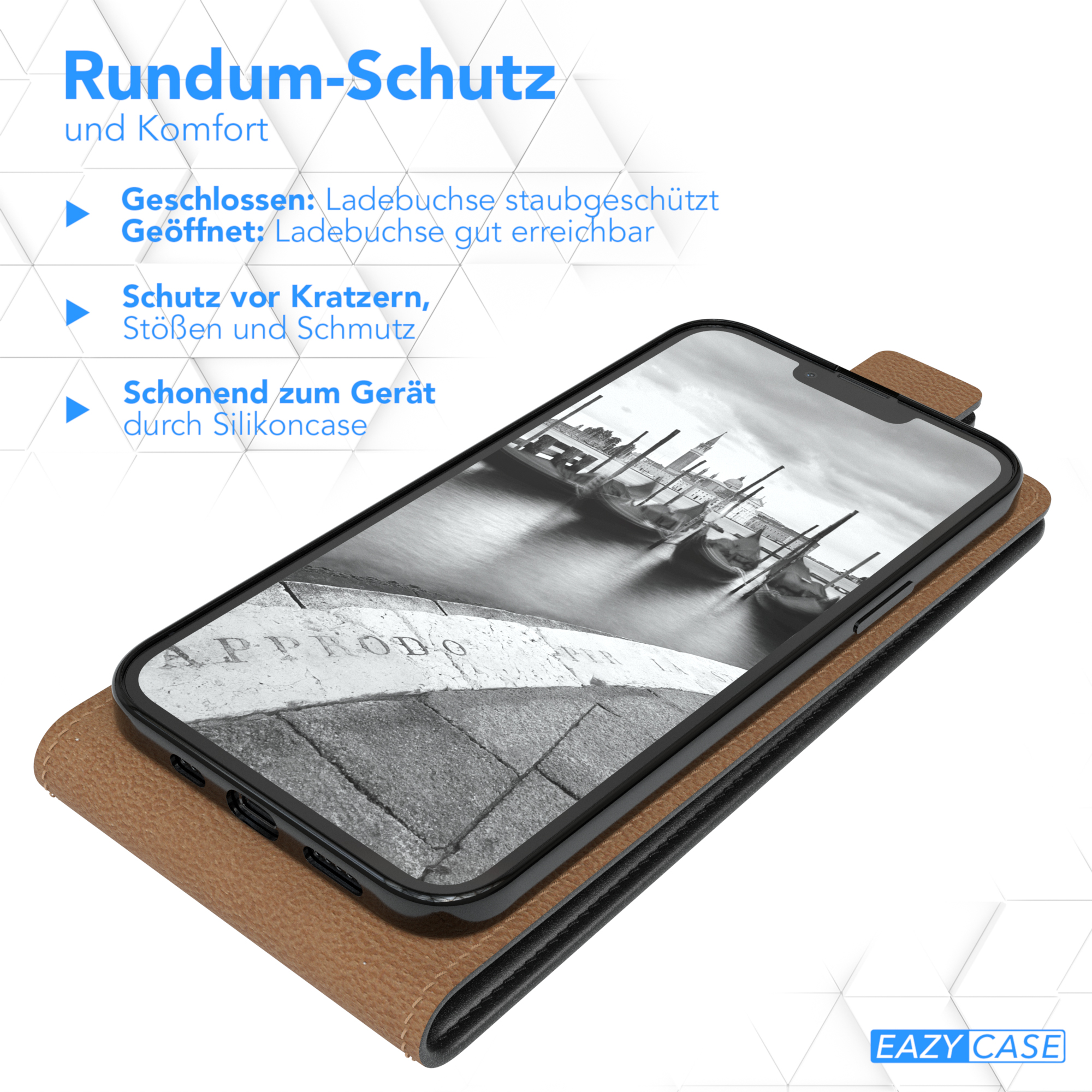 Handyhülle, geöffnet, mit Telefon, das eine Venedig-Kanal-Szene anzeigt.
