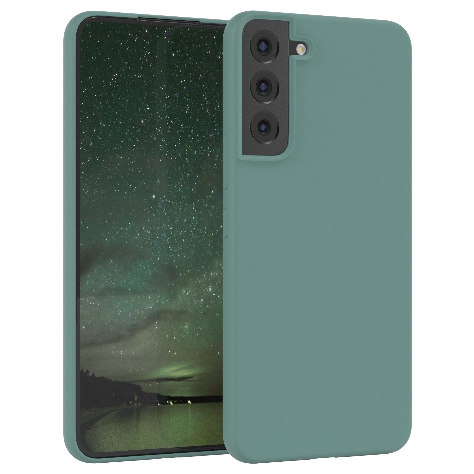 Grüne Handyhülle mit einem Telefon darin. Zwei Hüllen nebeneinander auf weißem Hintergrund.