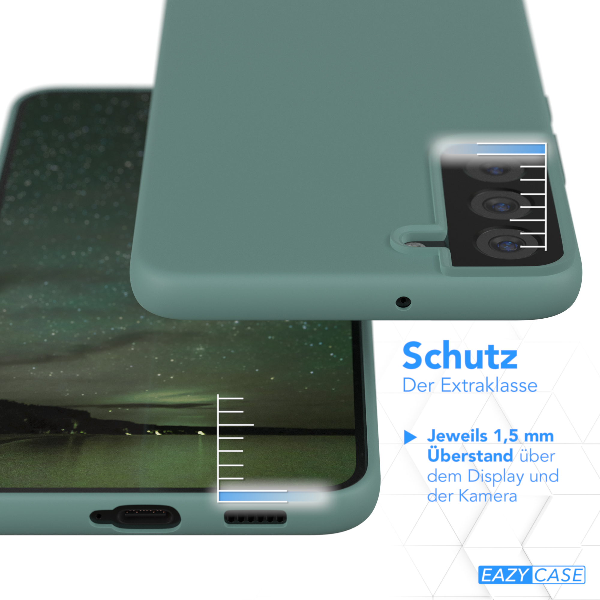 Nahaufnahme eines Telefons mit grüner Hülle, die Schutzdetails und das Eazy Case-Logo zeigt.