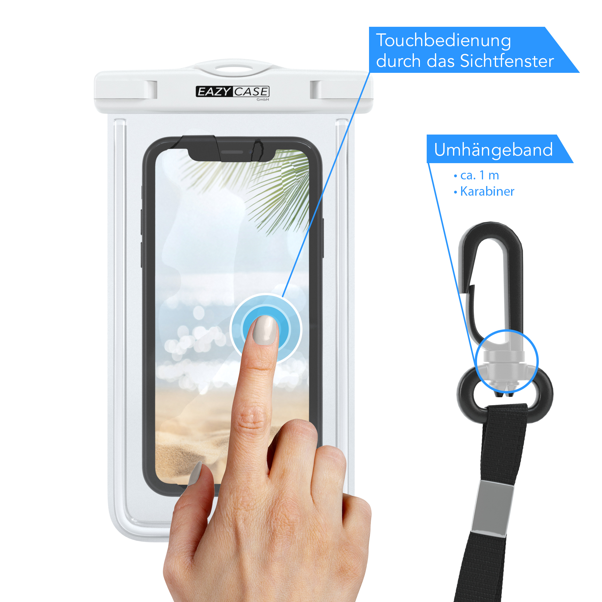 Hand berührt Telefon in wasserdichter Hülle, mit Umhängeband und Karabiner.