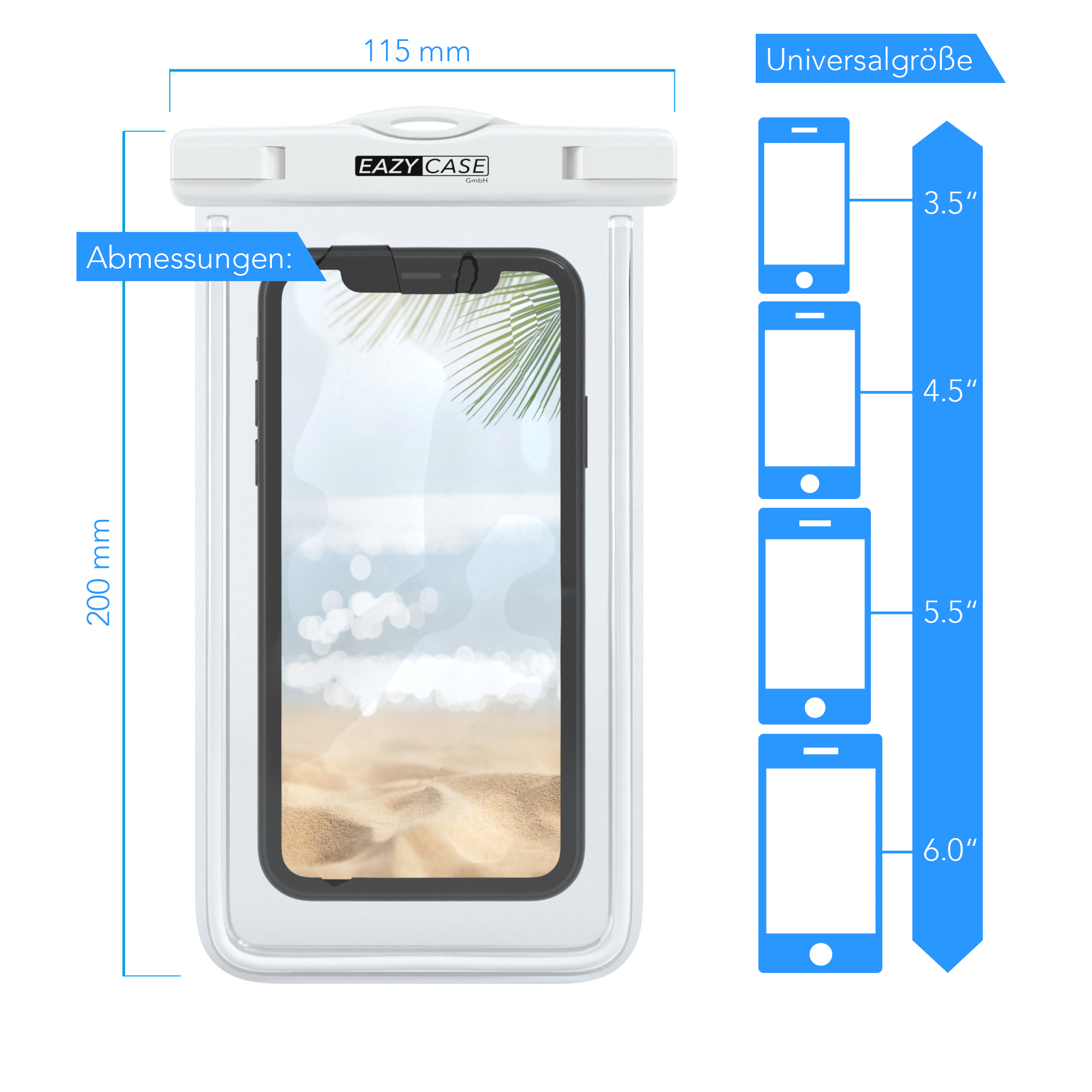 Eine weiße, wasserdichte Handyhülle mit Telefon im Inneren, Abmessungen und Telefongrößen.