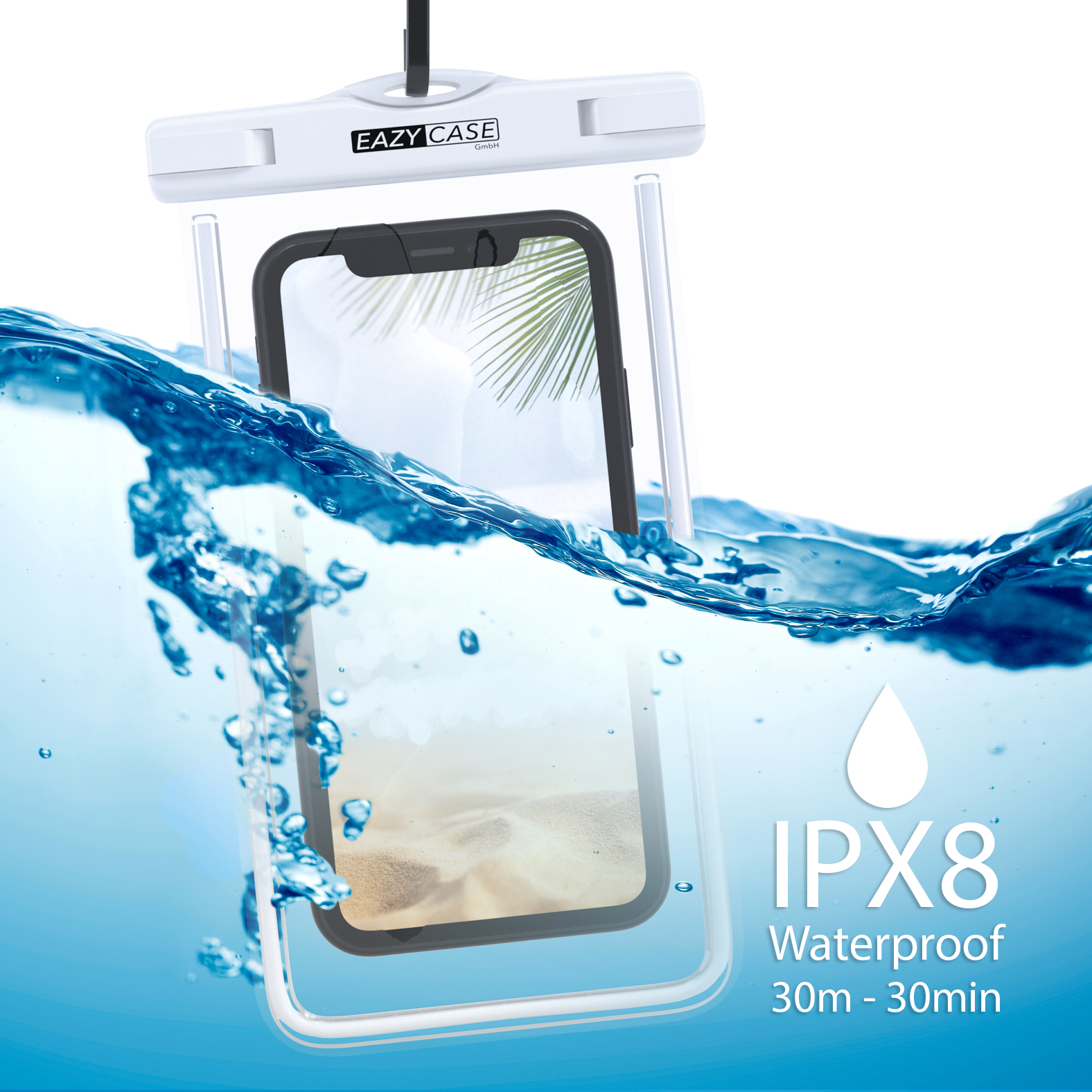 Telefon in wasserdichter Hülle im Wasser. Text: IPX8 Wasserdicht 30m - 30min.