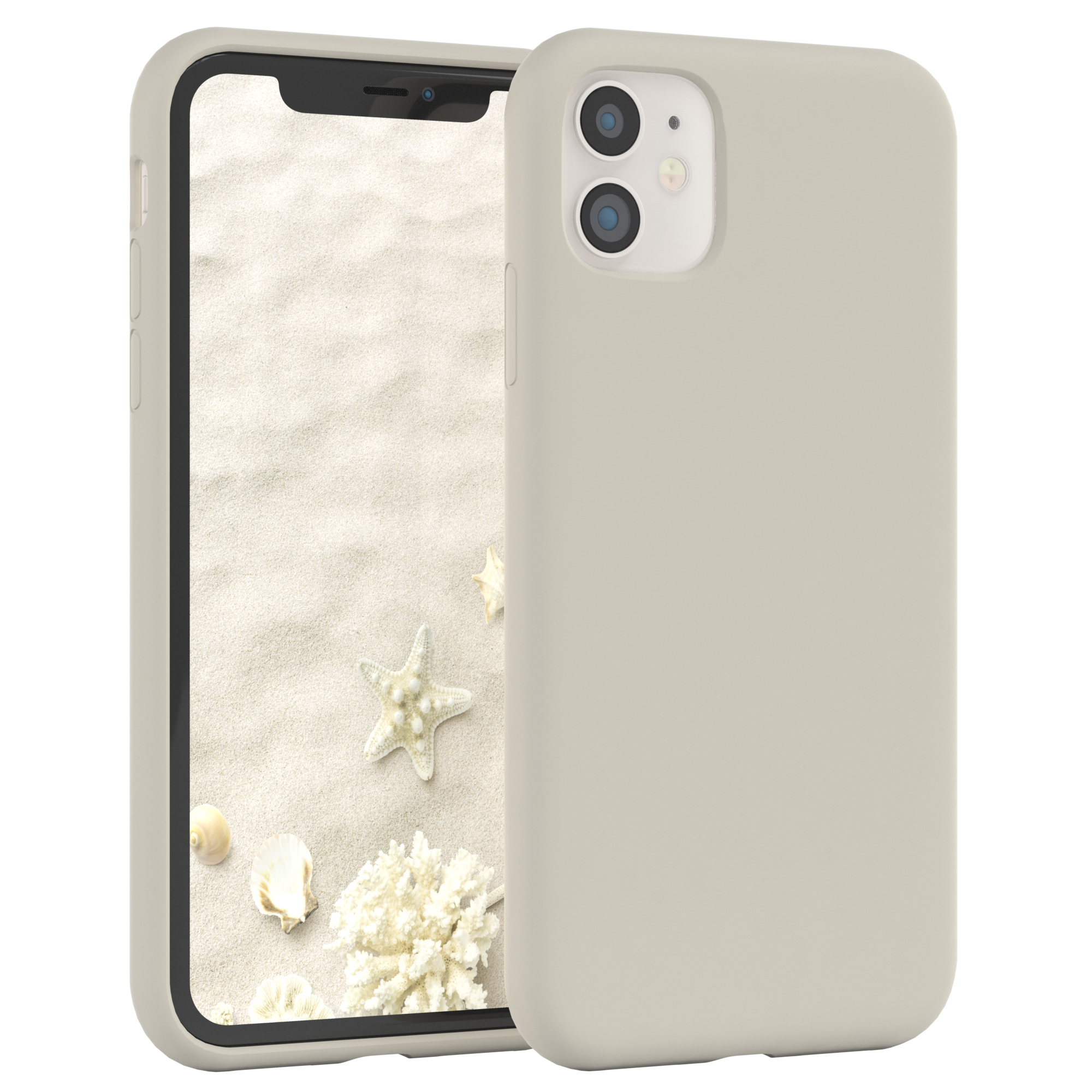Beiges Telefon mit Hülle, Sandhintergrund, Muscheln und Korallen.