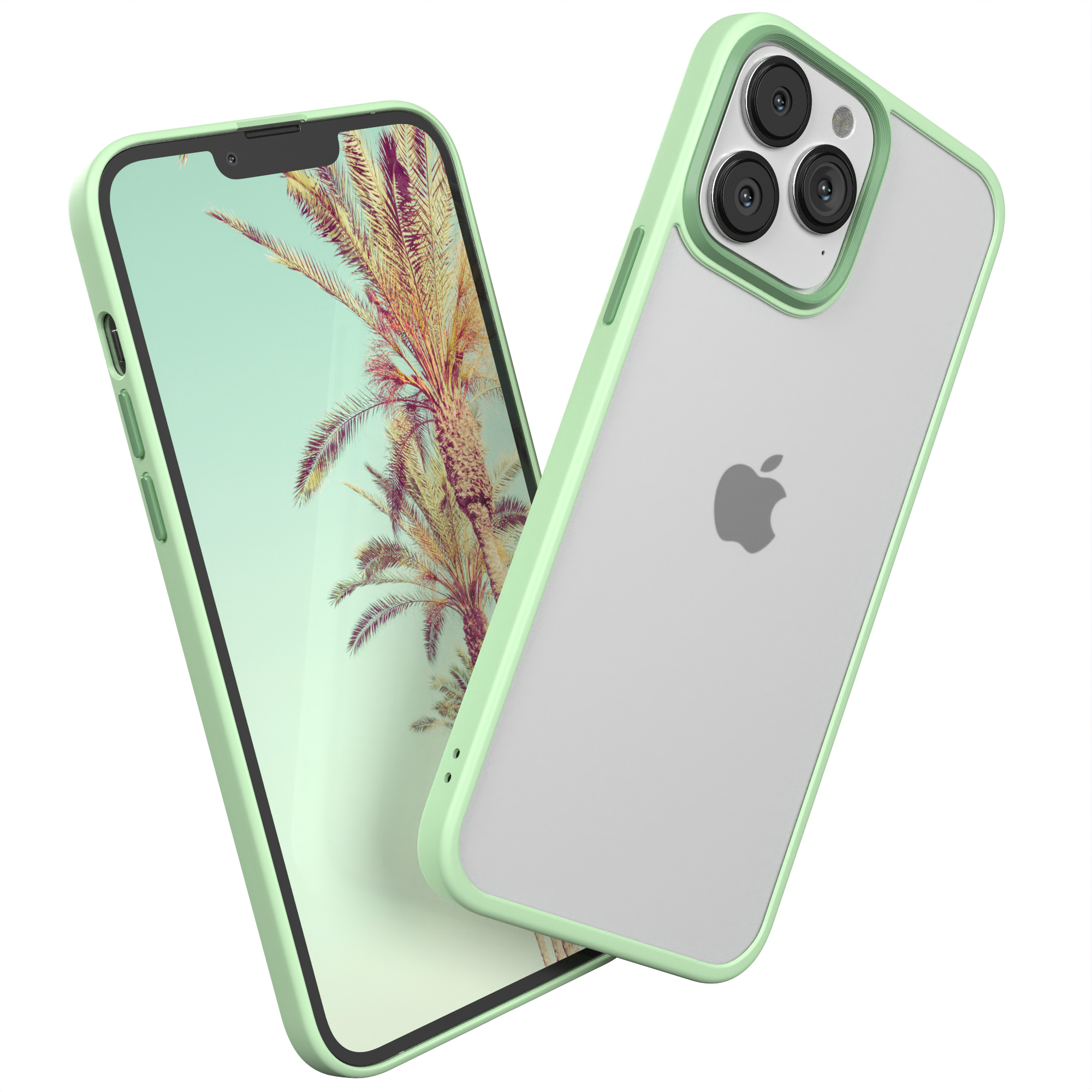 Telefon mit grüner Hülle, Palmen-Hintergrund auf dem Bildschirm.