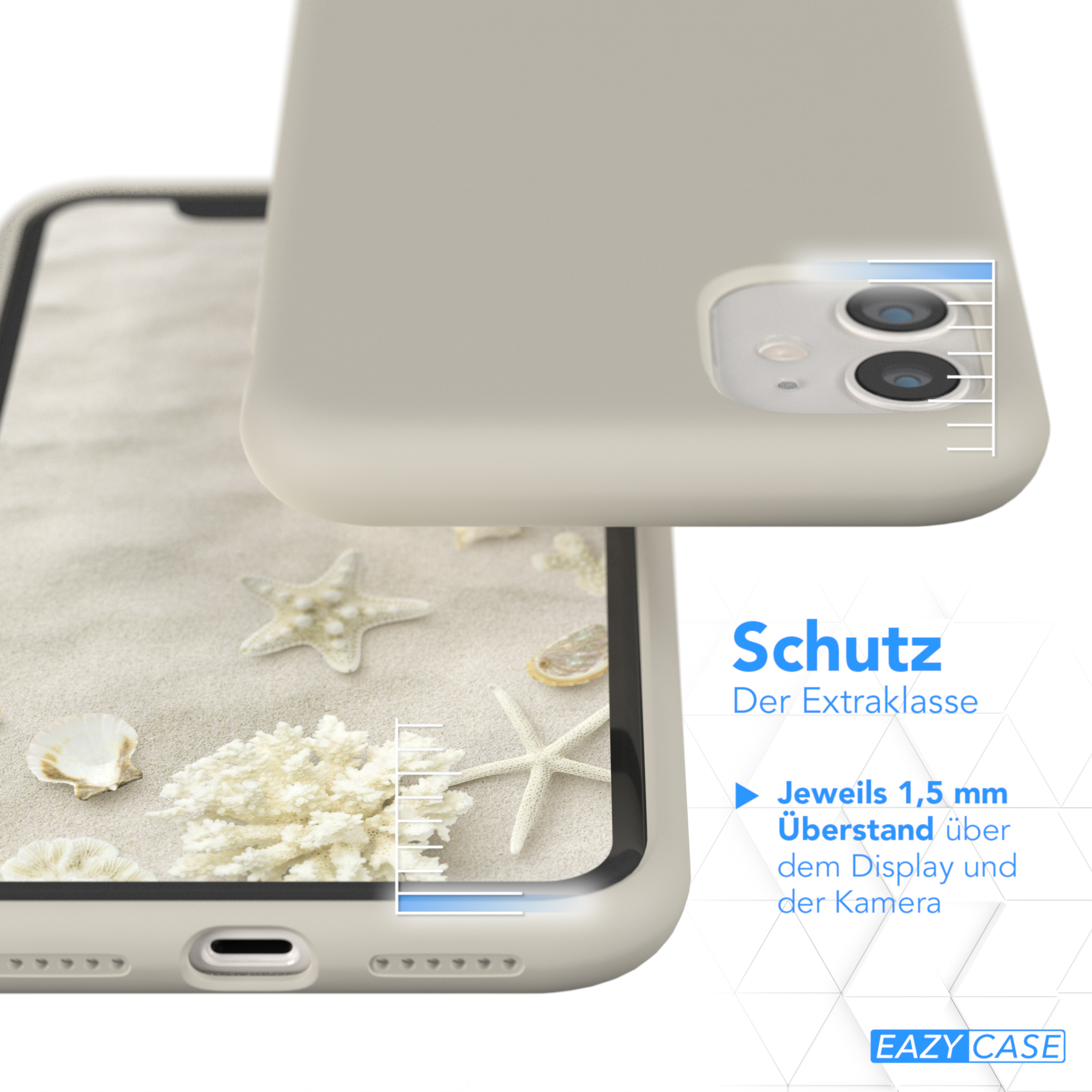 Eine Handyhülle über einer Strandszene, mit Text, der Schutz anzeigt. Die Hülle ist 1,5 mm über Display und Kamera.